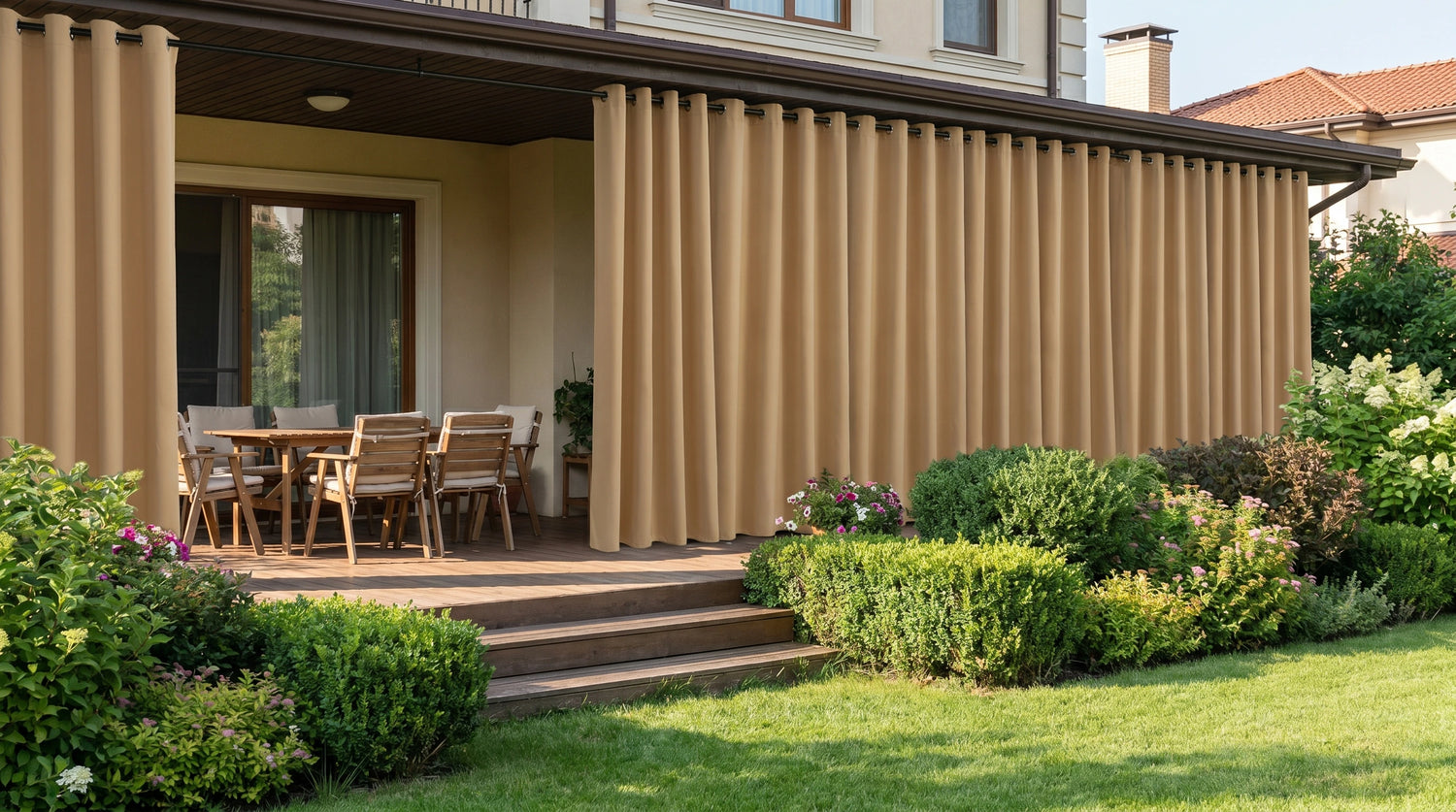 Beige outdoor patio curtains with grommet top hanging around a covered terrace, providing privacy and shade for elegant garden decor.