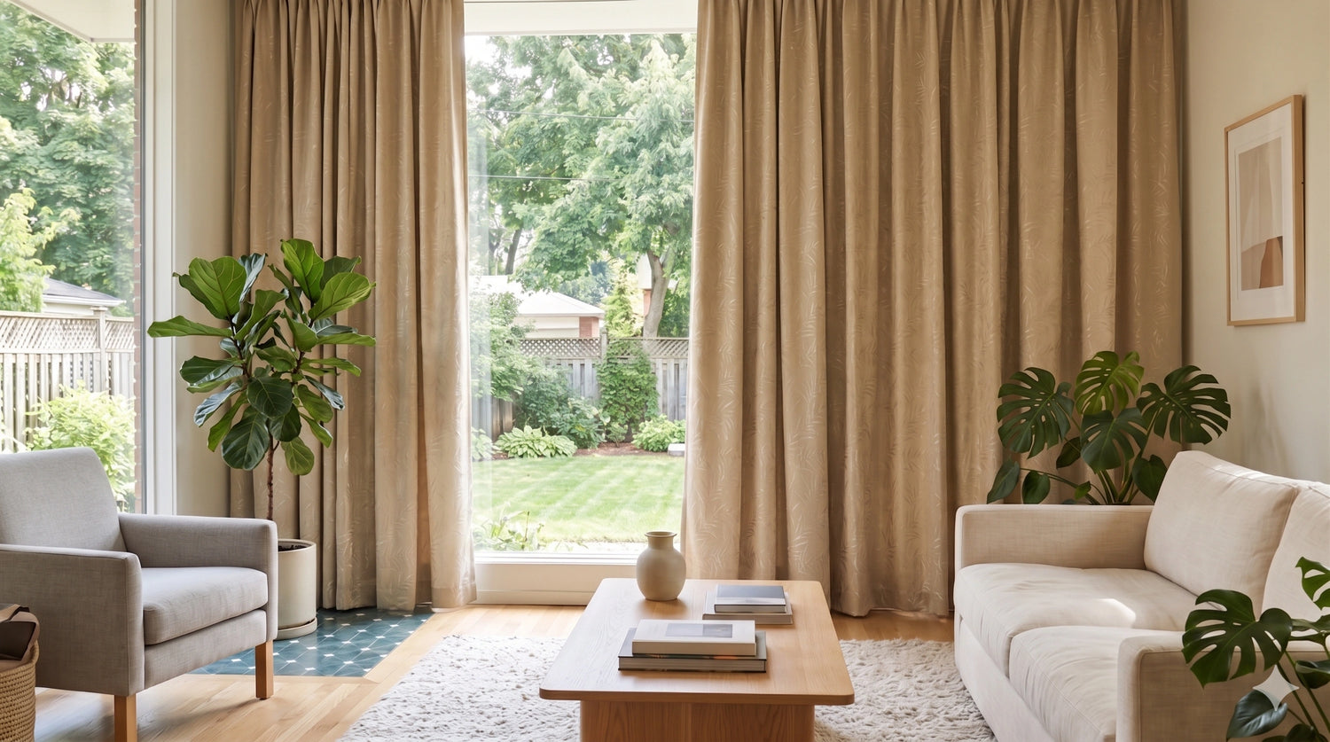 DWCN Home beige curtains styled on patio doors in a bright living room, offering soft light filtering, privacy, and elegant full-length coverage.