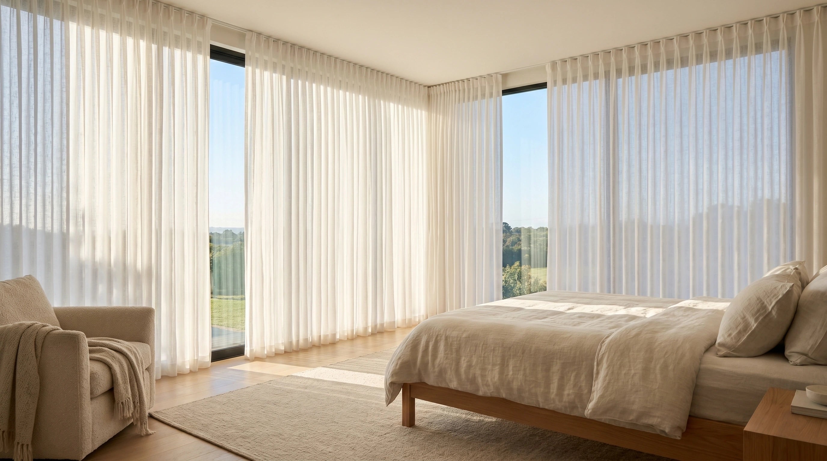White sheer window curtains for bedroom, featuring floor to ceiling panels, soft daylight, indoor privacy, and airy modern bedroom decor.