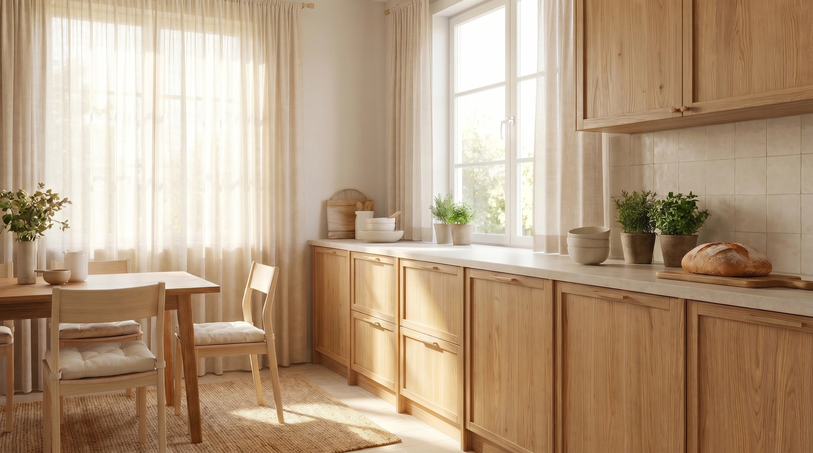 Sheer window curtains for kitchen, designed with light linen texture, soft daylight filtering, and airy privacy for bright kitchen decor.