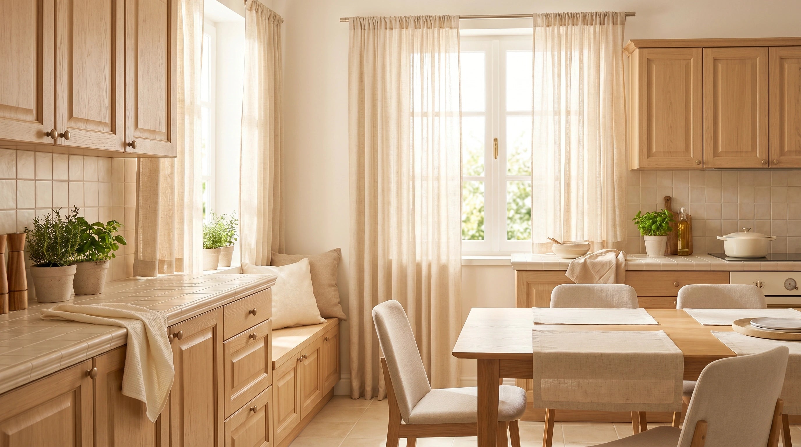 Custom kitchen curtains in sheer linen fabric, offering soft daylight, light privacy, and warm farmhouse style for kitchen windows.