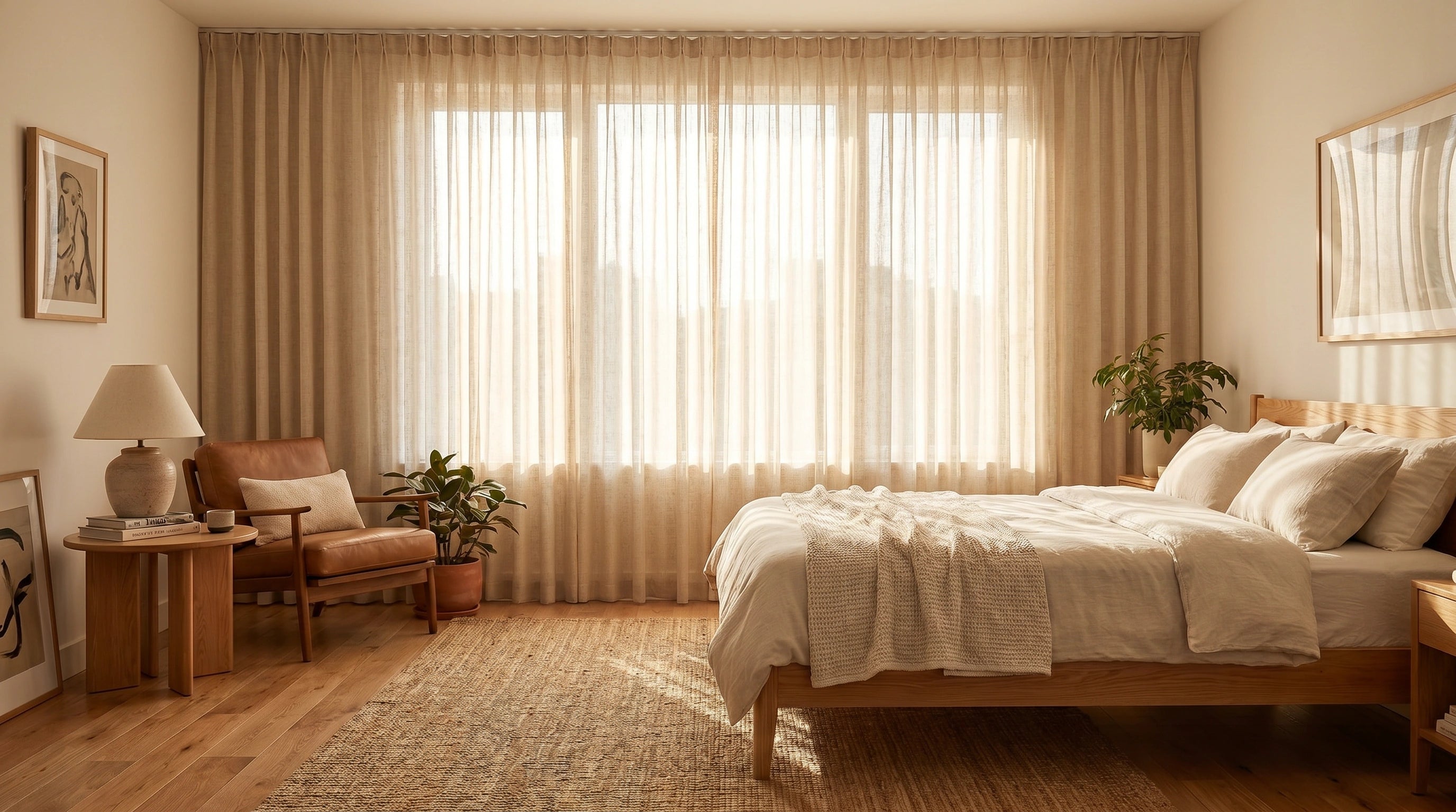 Sheer linen curtains for bedroom windows, styled in warm beige fabric with soft light filtering, home privacy, and cozy natural decor.