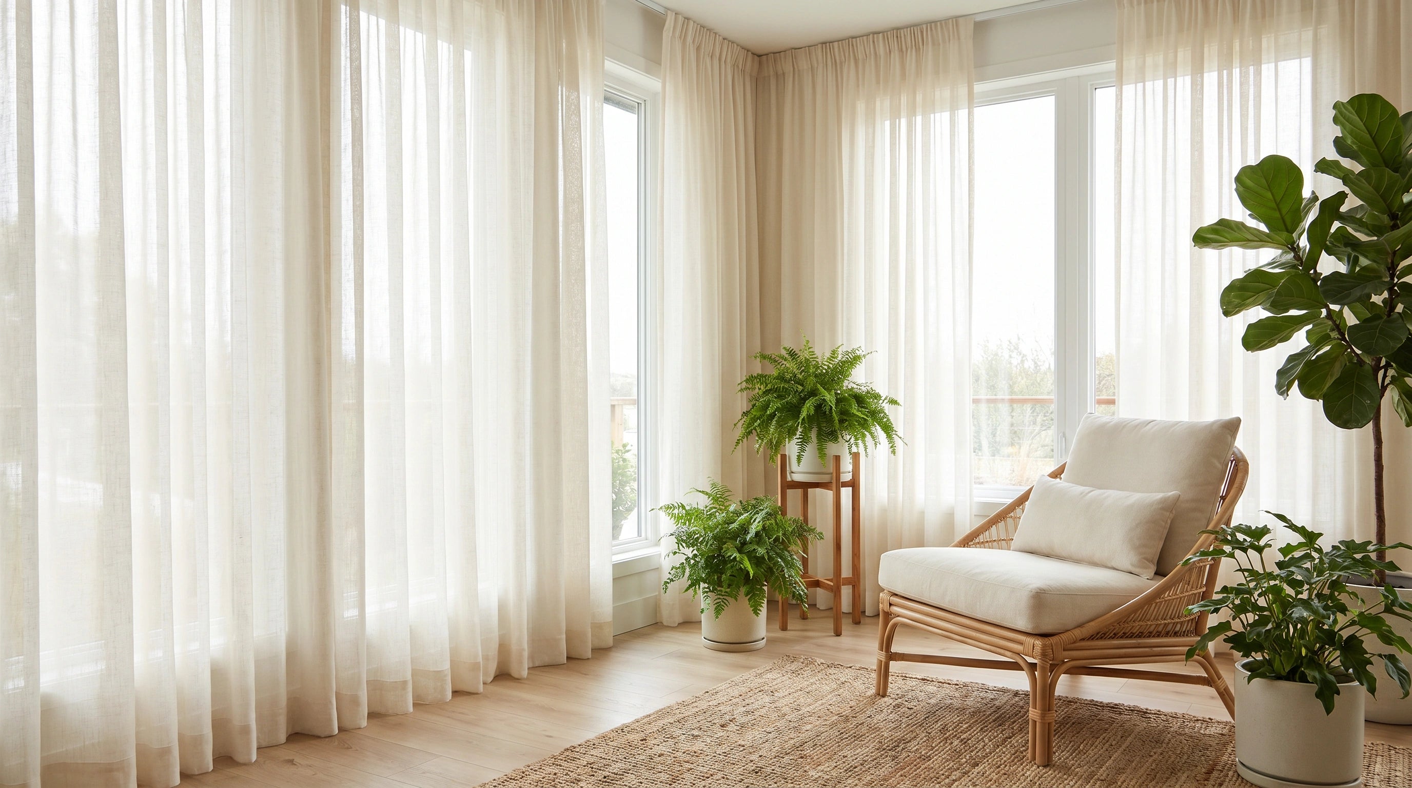 Sheer flax linen curtains in a bright sitting room, designed for soft light, indoor privacy, and relaxed natural home decor.