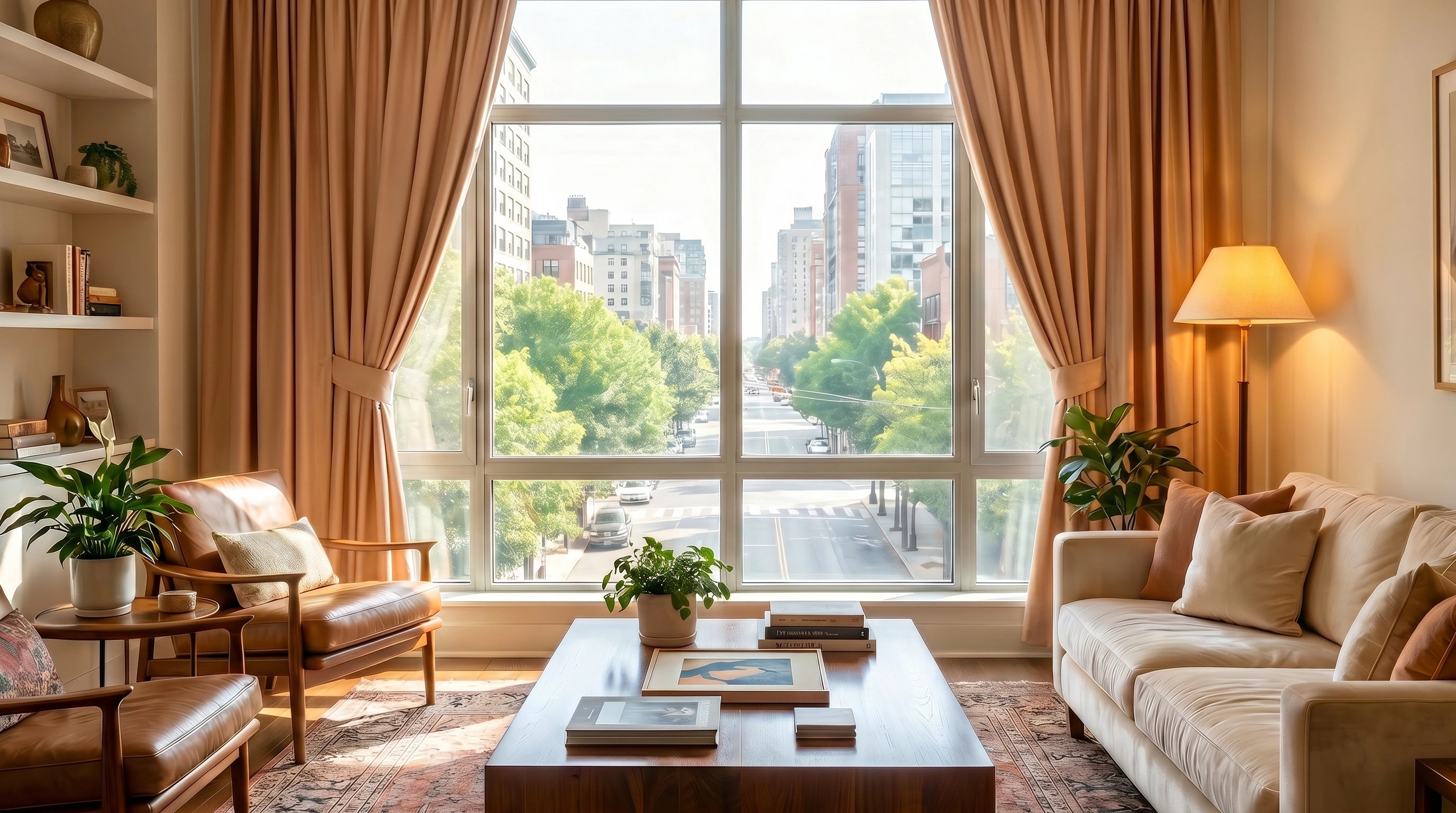 Custom living room curtains in warm caramel fabric, framing large city windows with elegant pleats, privacy, and soft light control.