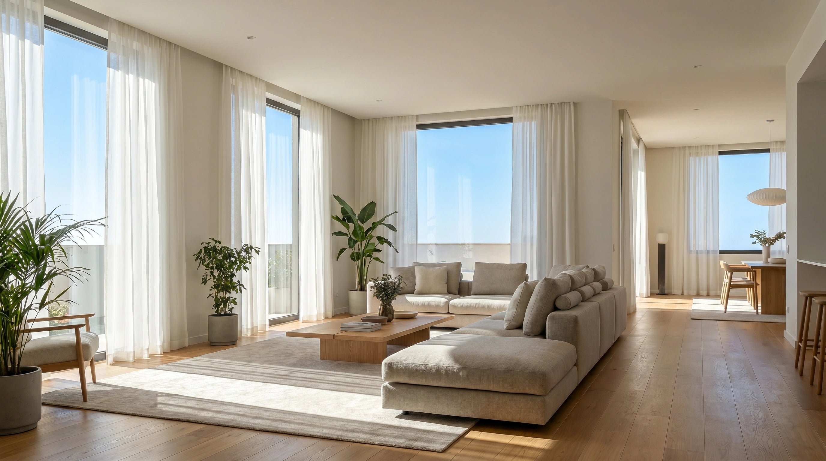 White sheer window curtains for living room, styled with floor to ceiling panels, soft light filtering, and airy modern home decor.