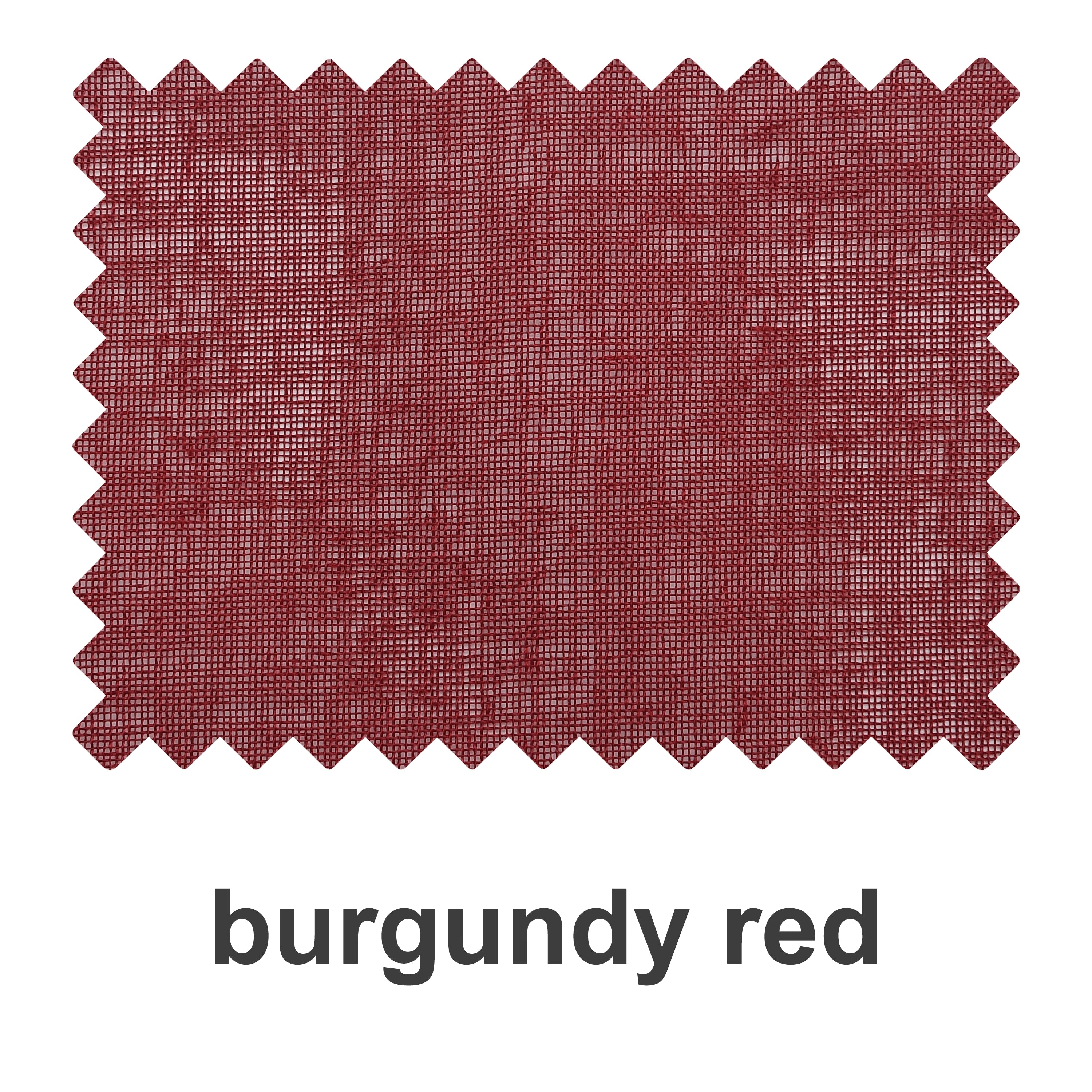 Swatch booklet of DWCN Official linen texture solid sheer fabric in deep burgundy red showing fabric samples and texture details.