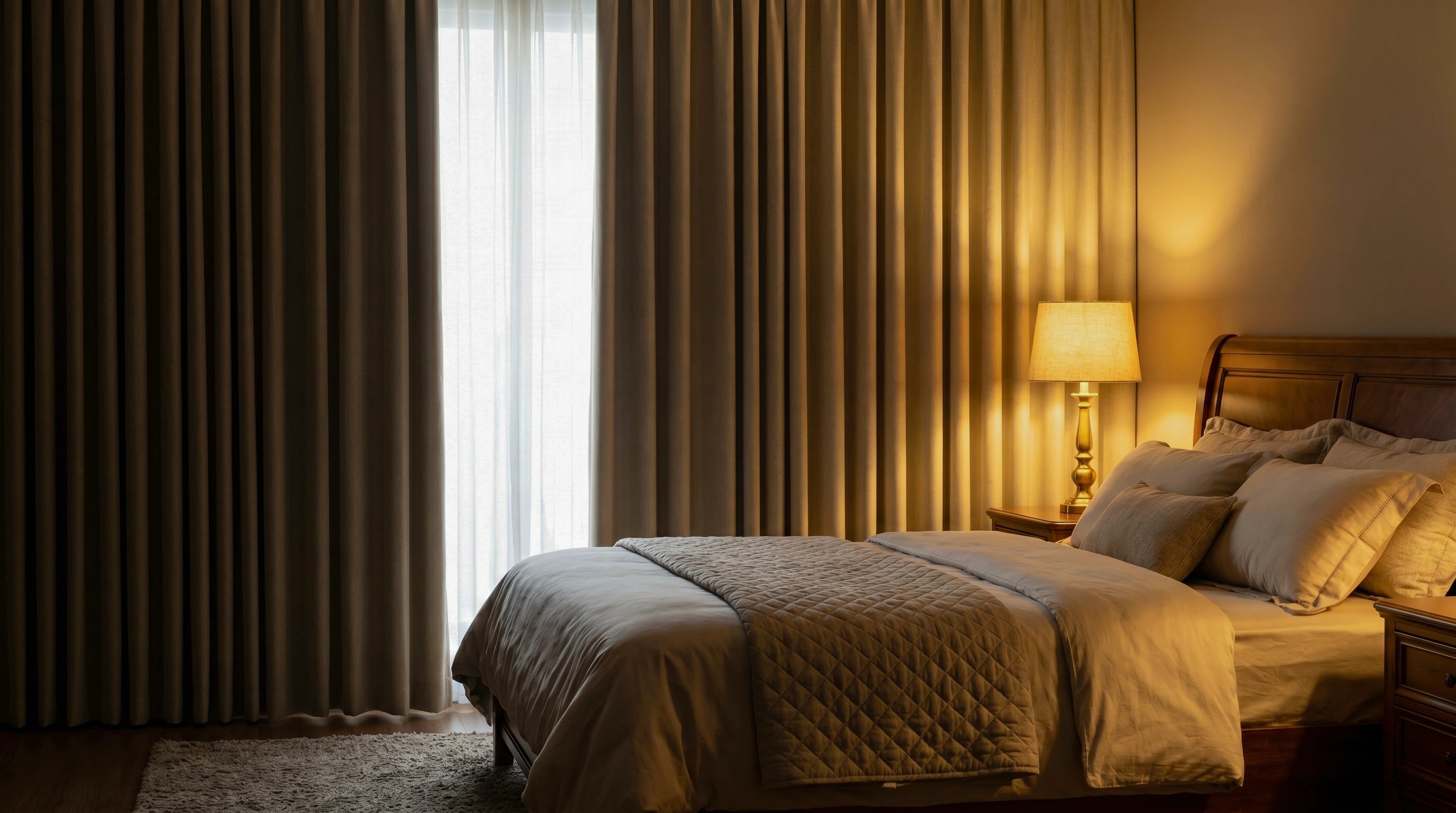 Bedroom door curtains with floor to ceiling pleats, layered sheer panels, and warm privacy coverage for patio doors or large windows.