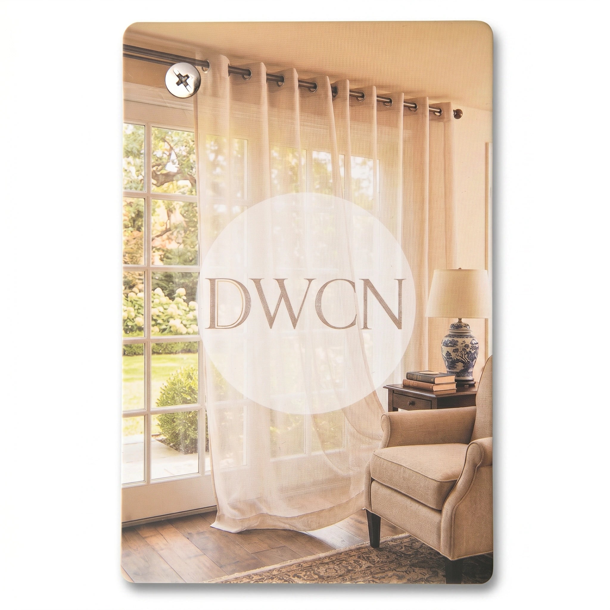 DWCN Official linen texture solid sheer fabric swatch booklet showing various fabric samples in neutral tones.