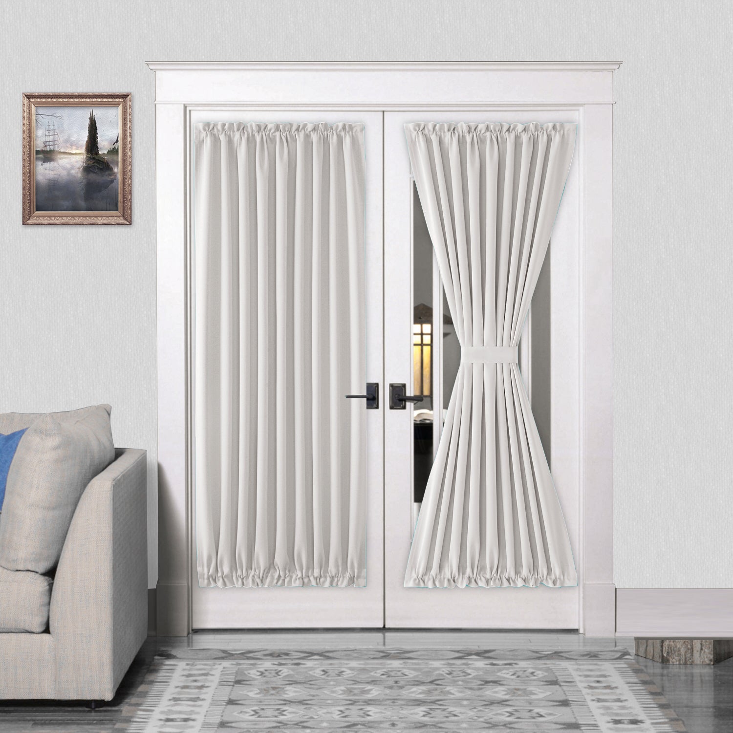 French blackout door curtain panel by DWCN Official with tieback, black fabric, and elegant design for light blocking and privacy.