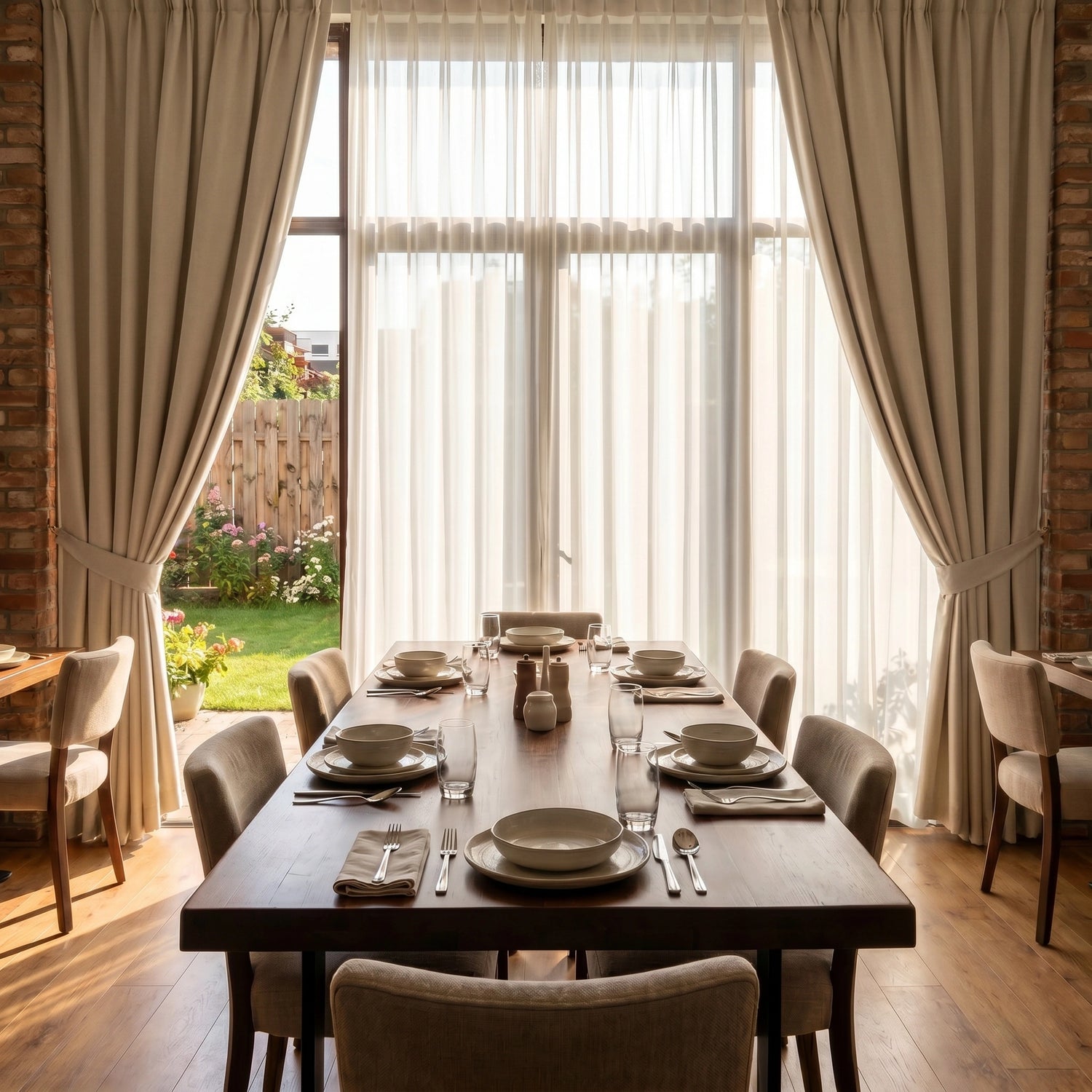 Back tab curtains in beige textured fabric on a black curtain rod, showing hidden tab heading style for custom window curtains.