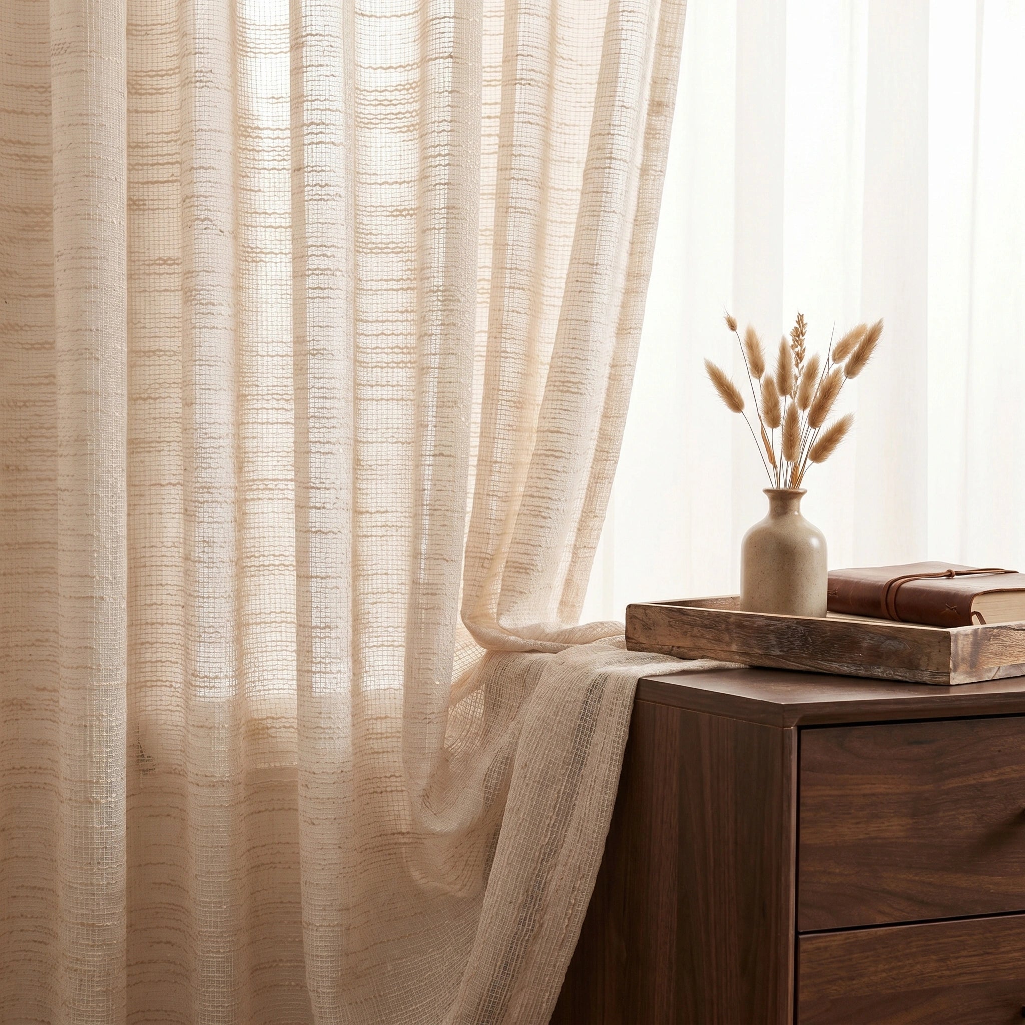DWCN Official Calliope Cream Linen Voile Curtain hanging with gentle folds, lightweight and airy fabric ideal for elegant window decor