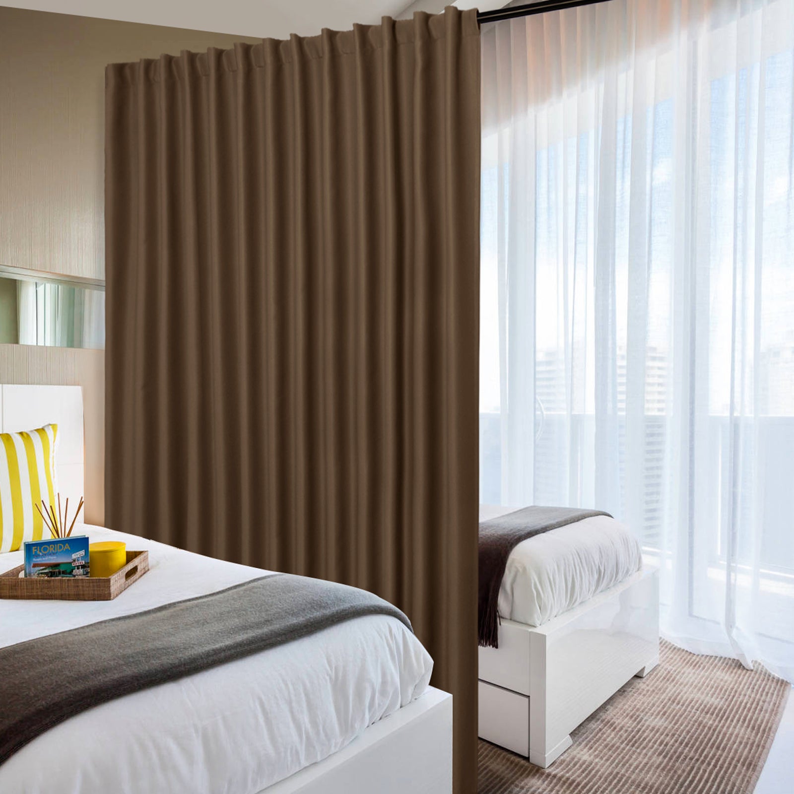 DWCN Official black blackout curtain panel, wide width room divider curtain in black fabric, designed for blocking light and privacy.