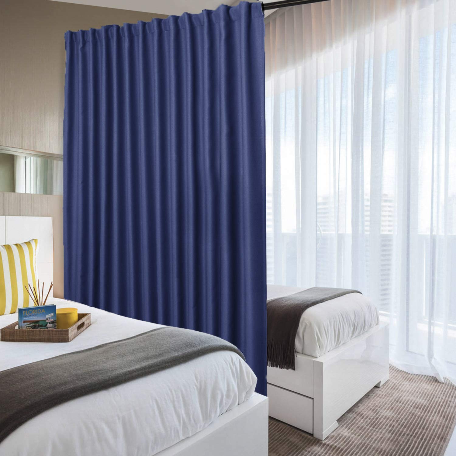 DWCN official black blackout curtain panel in wide width, used as room divider with a sleek black fabric design.