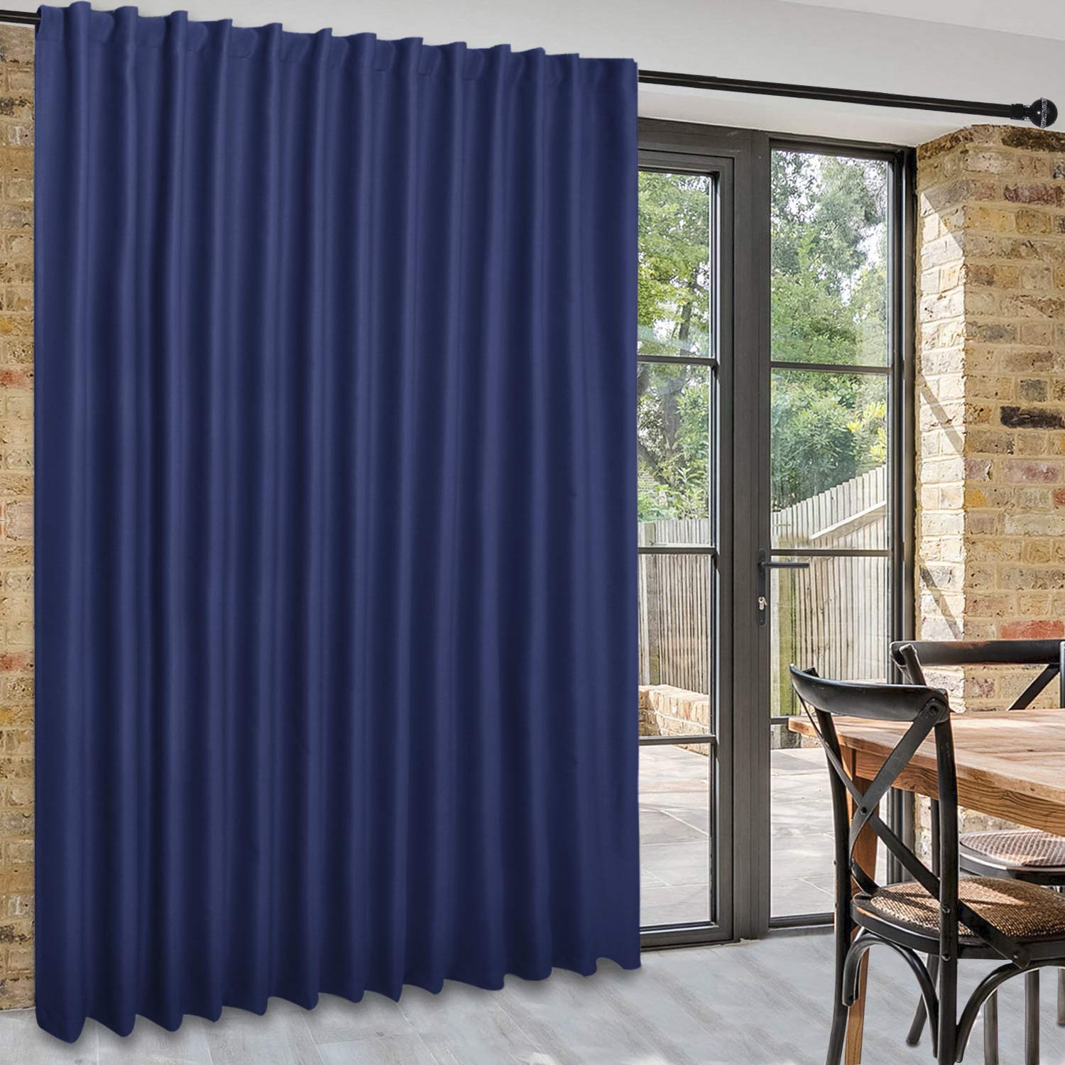 DWCN official black blackout curtain panel, wide width room divider curtain in black fabric hanging on a rod.
