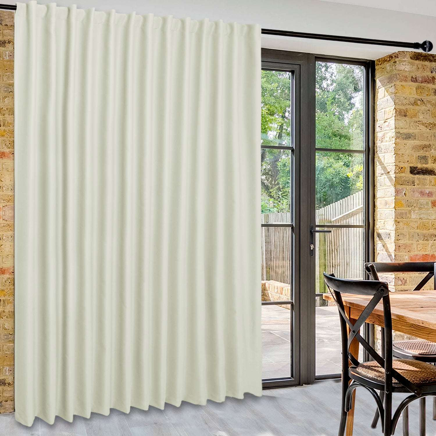 DWCN Official black blackout curtain panel, wide width room divider curtain in black, fabric with a smooth, matte finish.