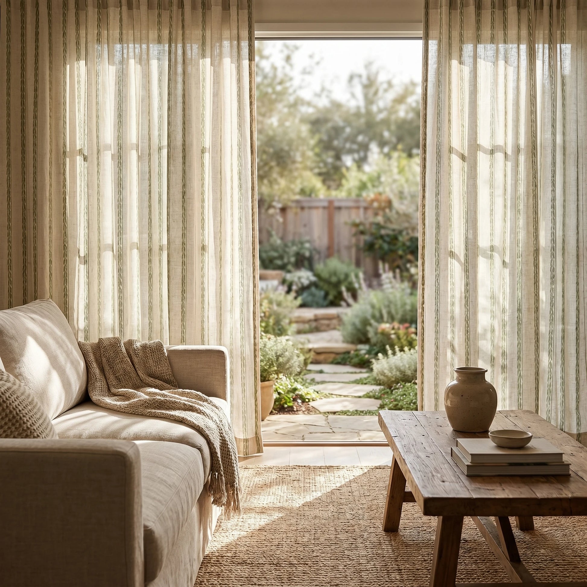 Demeter Aurata patterned linen curtains by DWCN Official, featuring intricate gold and white design, hanging in a stylish window setting.