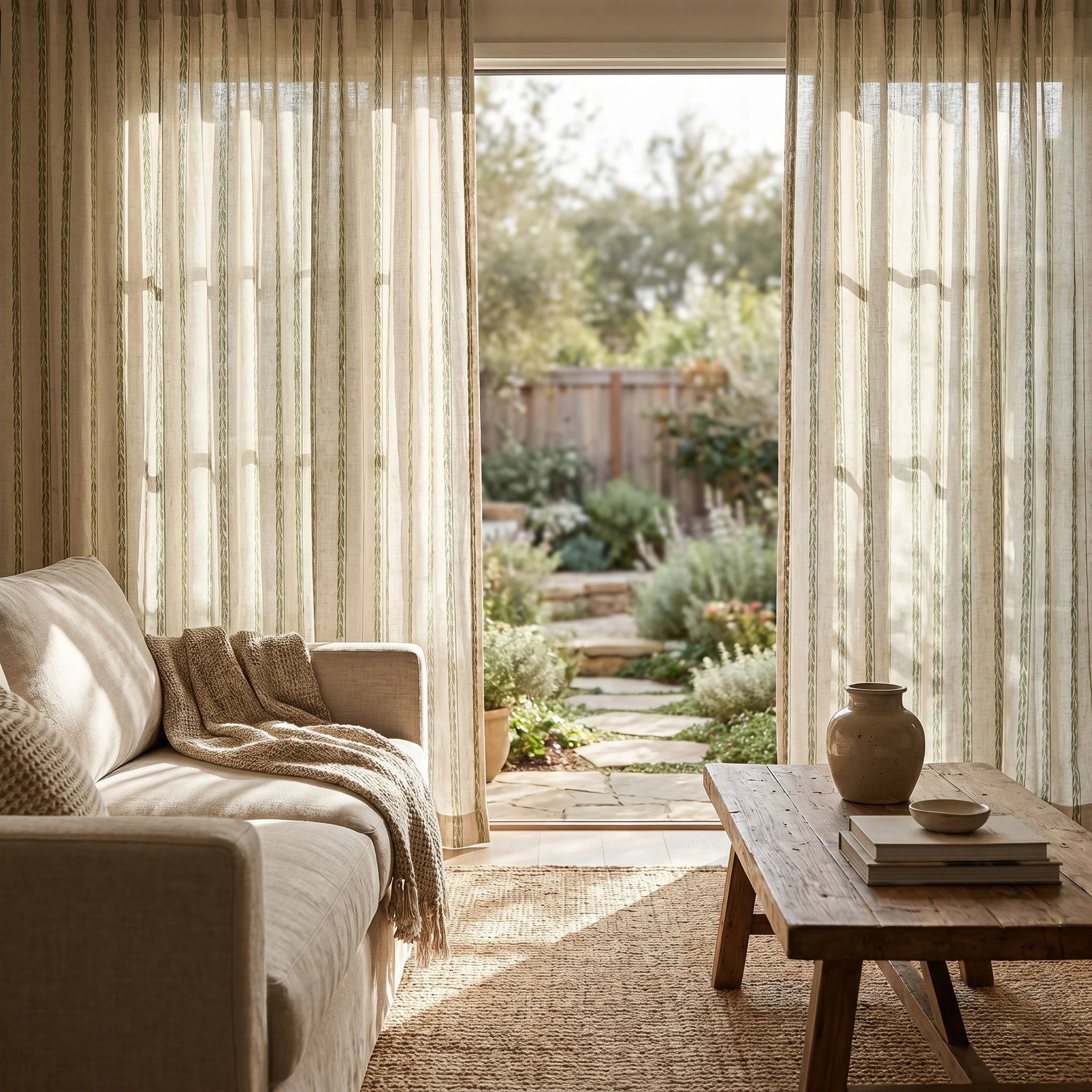 Demeter Aurata patterned linen curtains by DWCN Official, featuring intricate gold and white design, hanging in a stylish window setting.