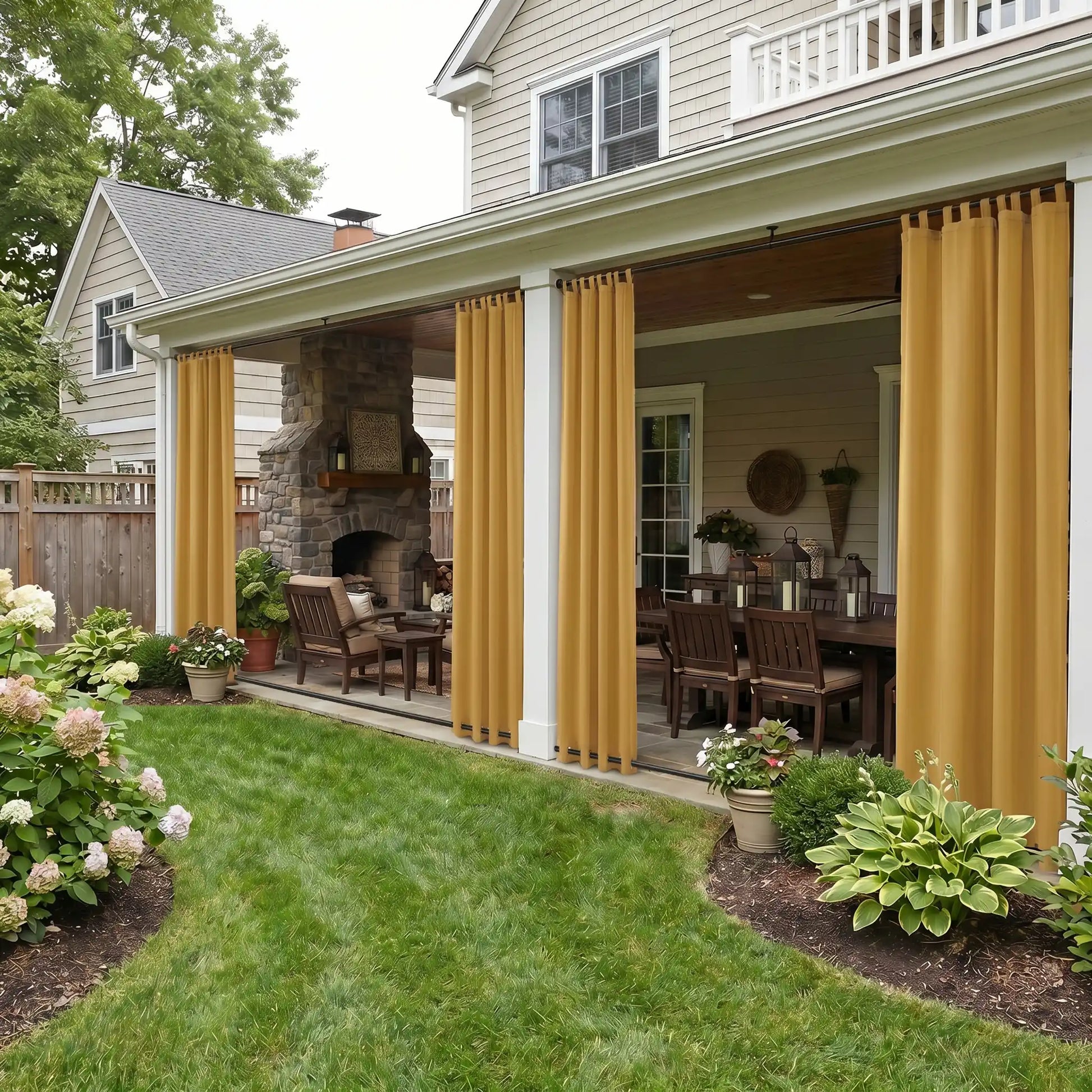 DWCN Official outdoor curtains with tab top and grommet bottom, windproof and waterproof for patio or balcony use.