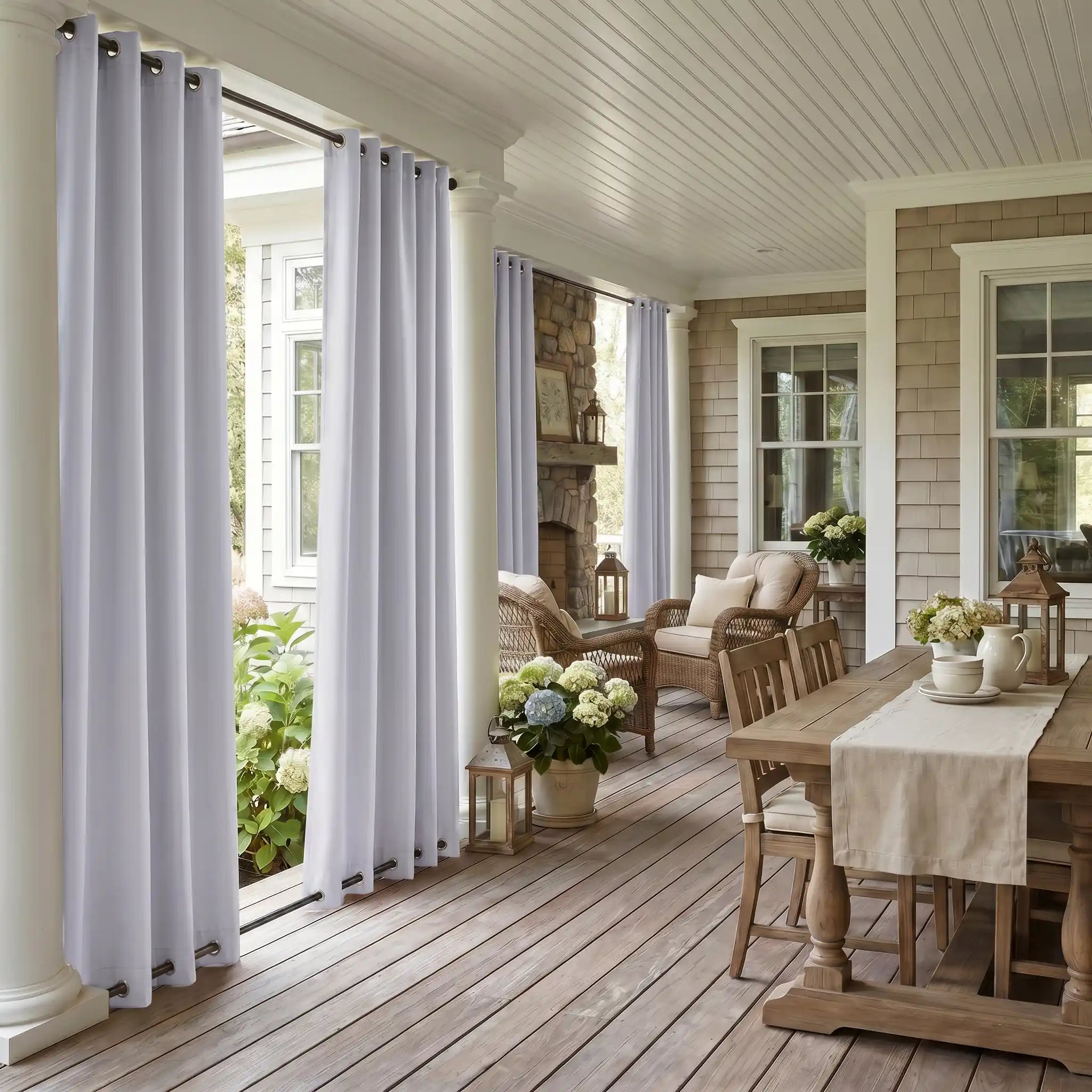 Grommet top and bottom outdoor waterproof curtains by DWCN Official, windproof fabric with grommet openings for outdoor patio use.
