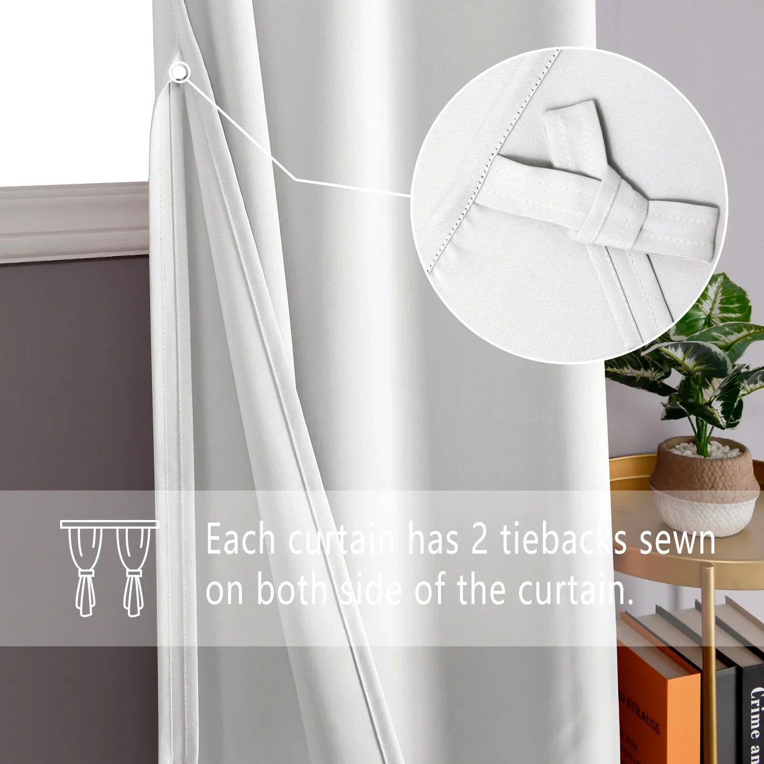 DWCN Blackout Curtains with Tiebacks, set of 2 panels, featuring dark fabric and elegant tieback details for bedroom or living room.