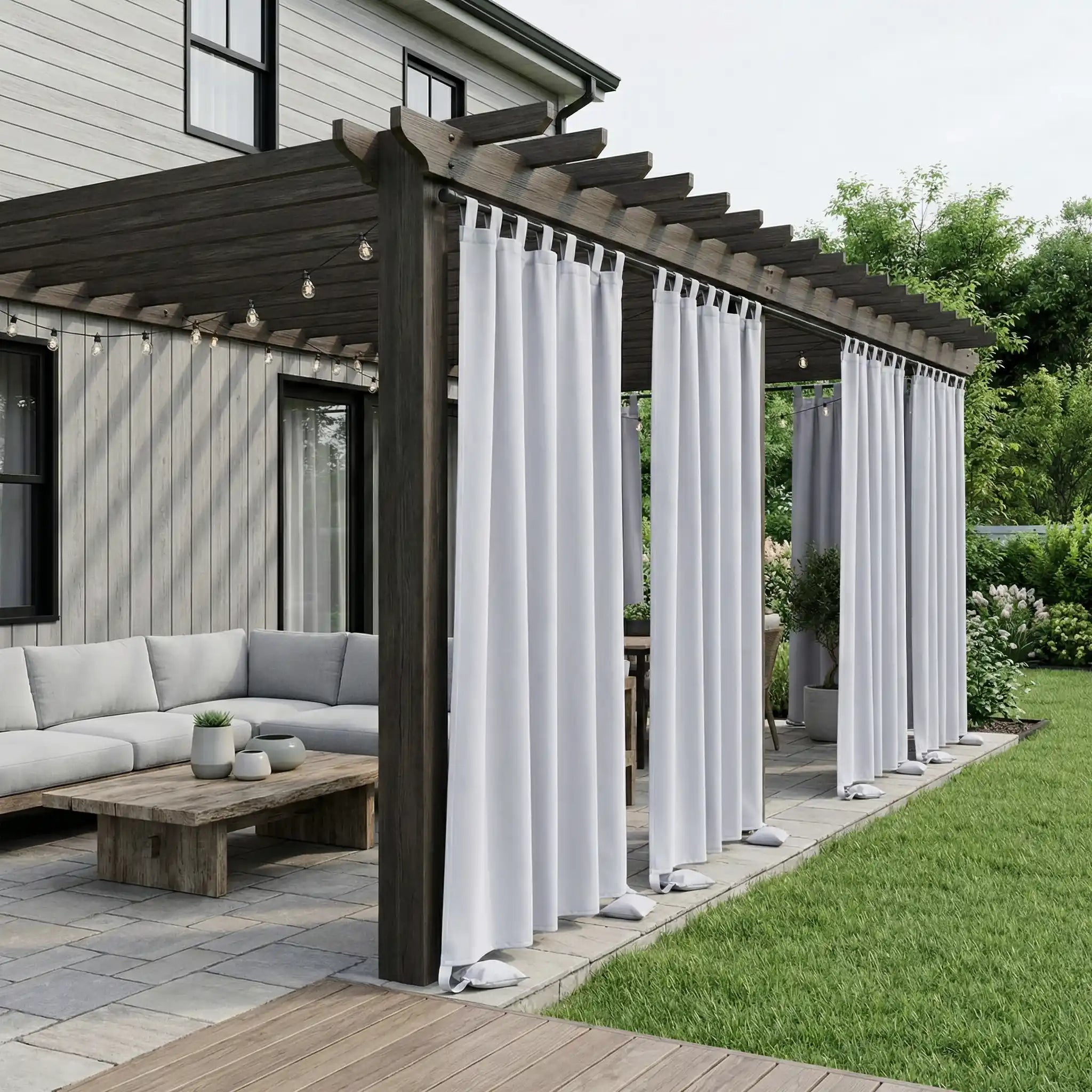 DWCN Official outdoor curtain with tab top and weighted bags, windproof and waterproof for outdoor weather protection.