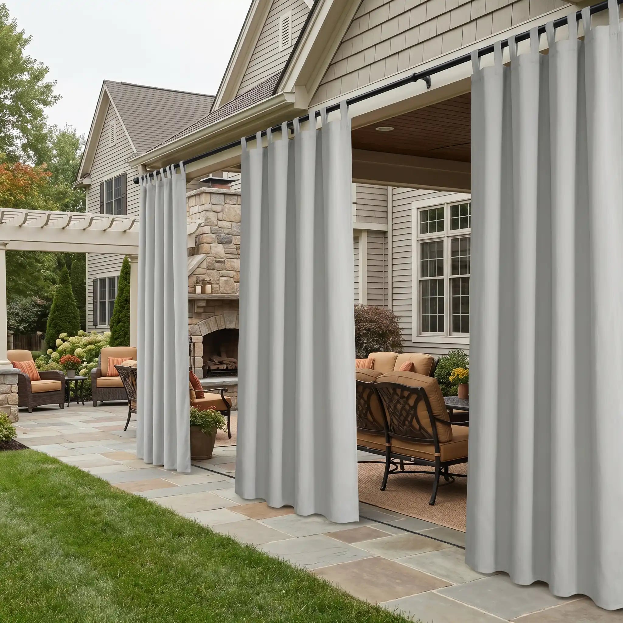 DWCN Official outdoor curtain with tab top and ropes, windproof and waterproof for weather-resistant outdoor window coverage