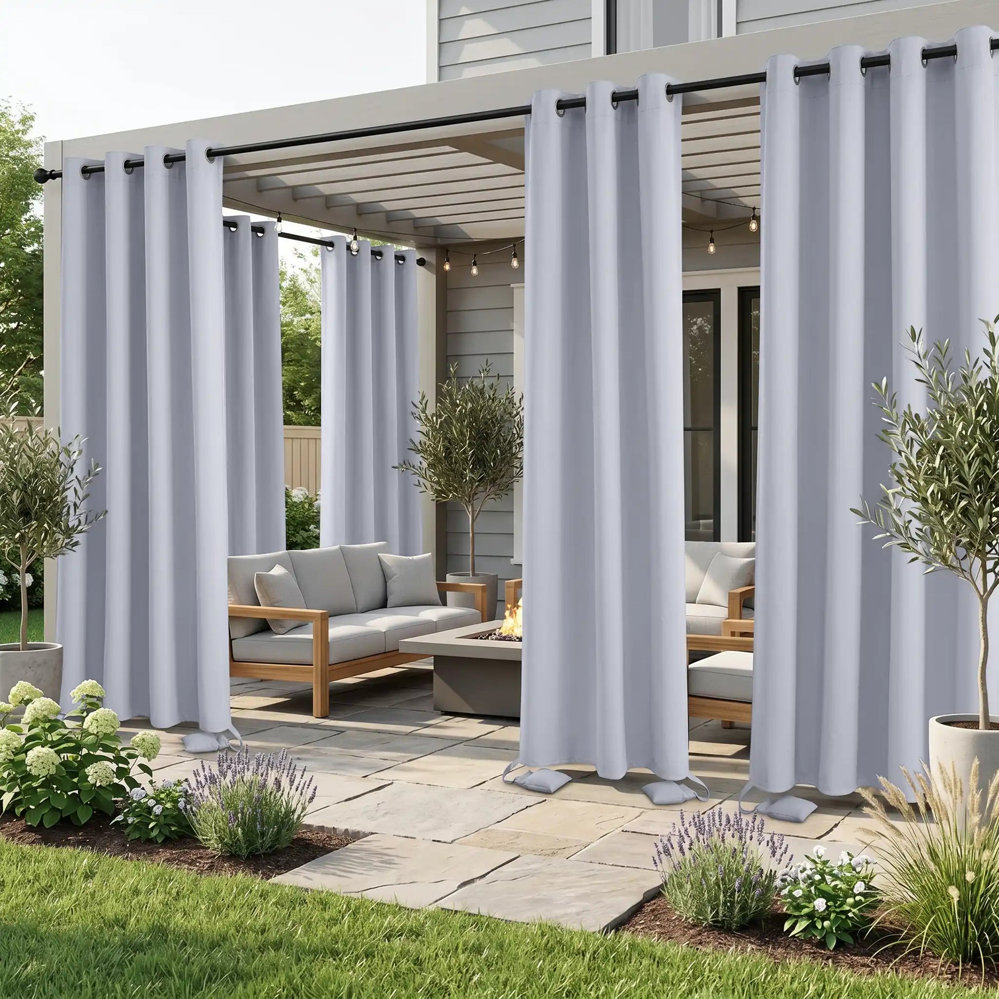 Outdoor waterproof curtain with grommet top and weighted bottom, windproof design by DWCN Official, suitable for outdoor use.