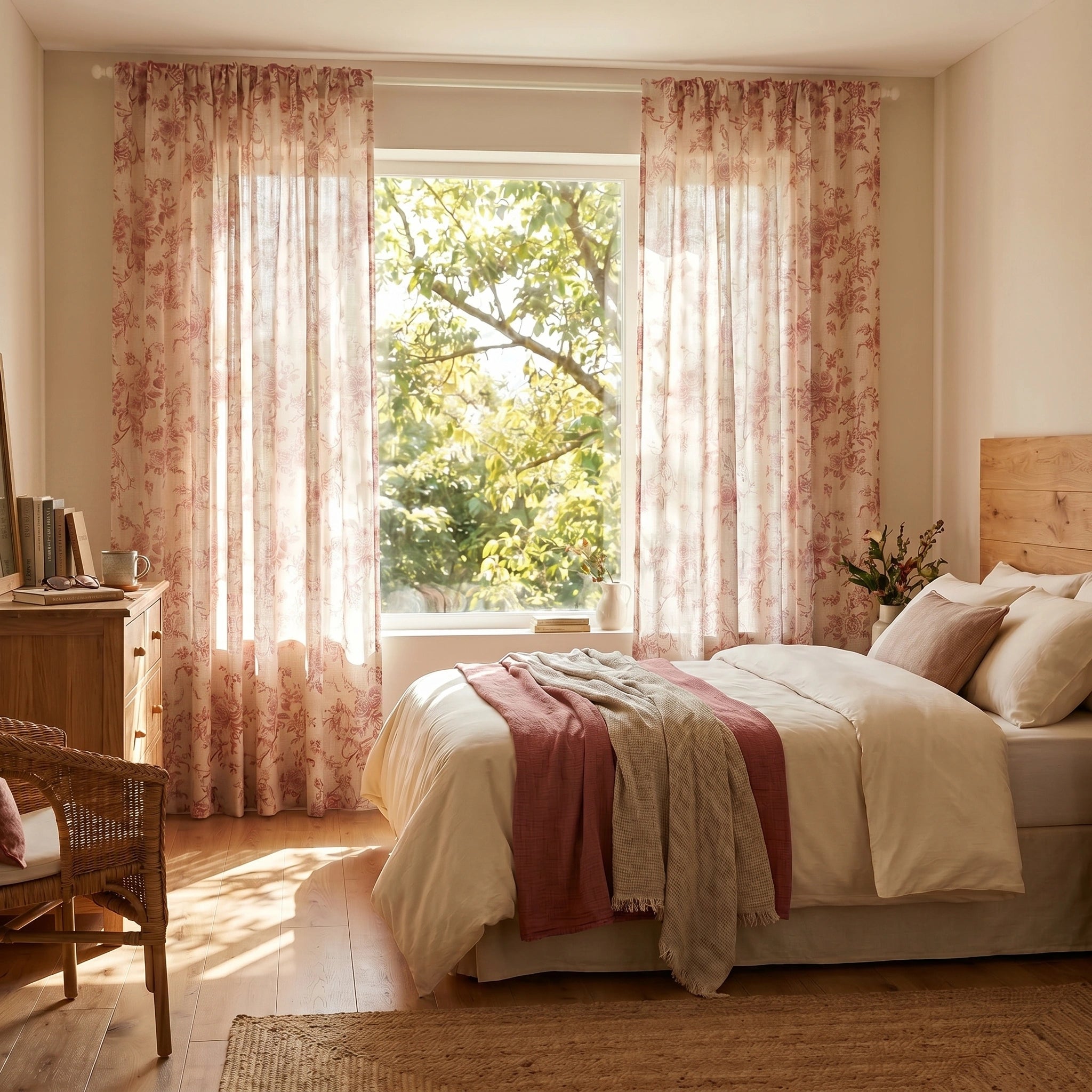 DWCN Official Antheia Millefiori patterned linen curtains with colorful floral design hanging in a window.