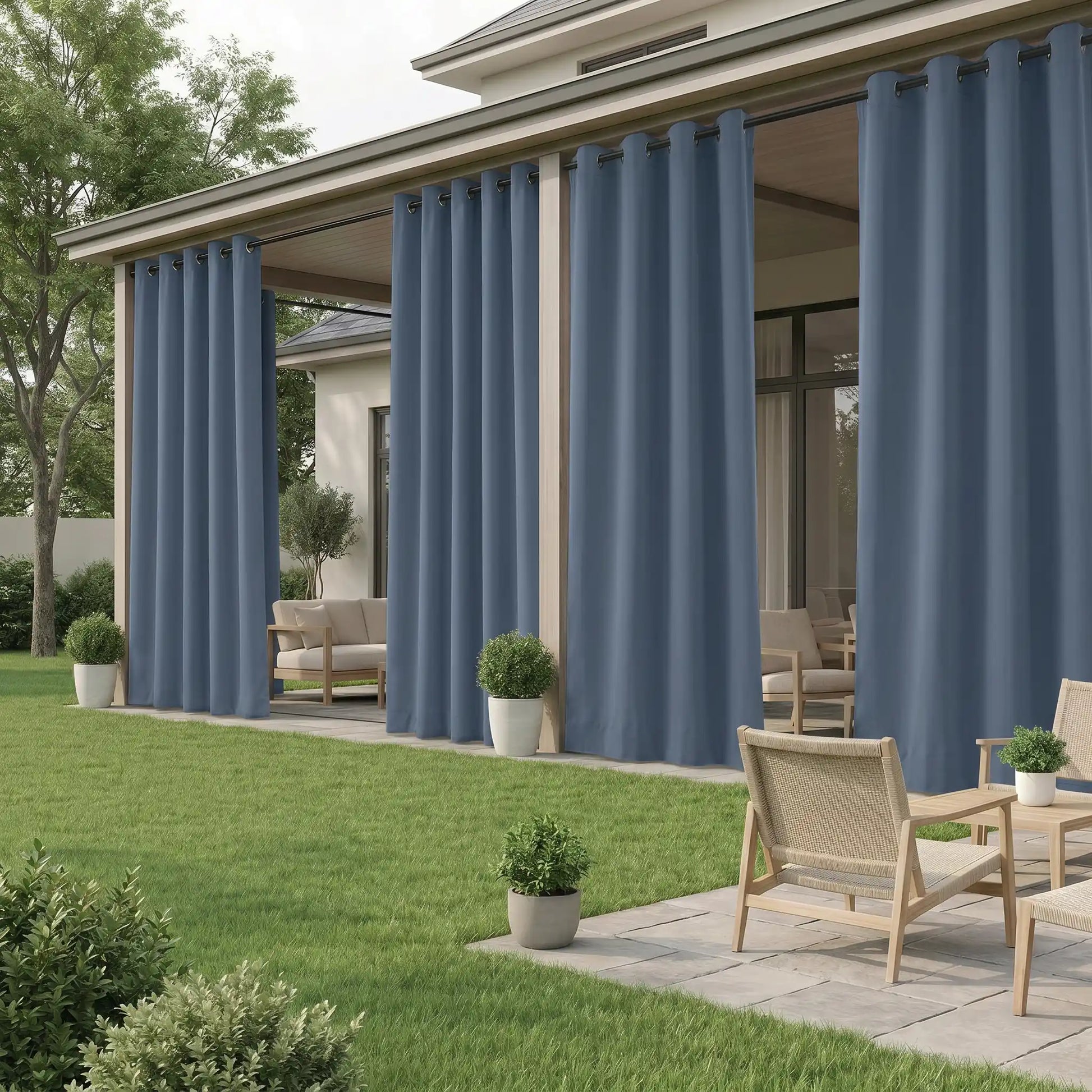 Outdoor waterproof curtain with grommet top and rope bottom by DWCN Official, windproof and suitable for outdoor use.