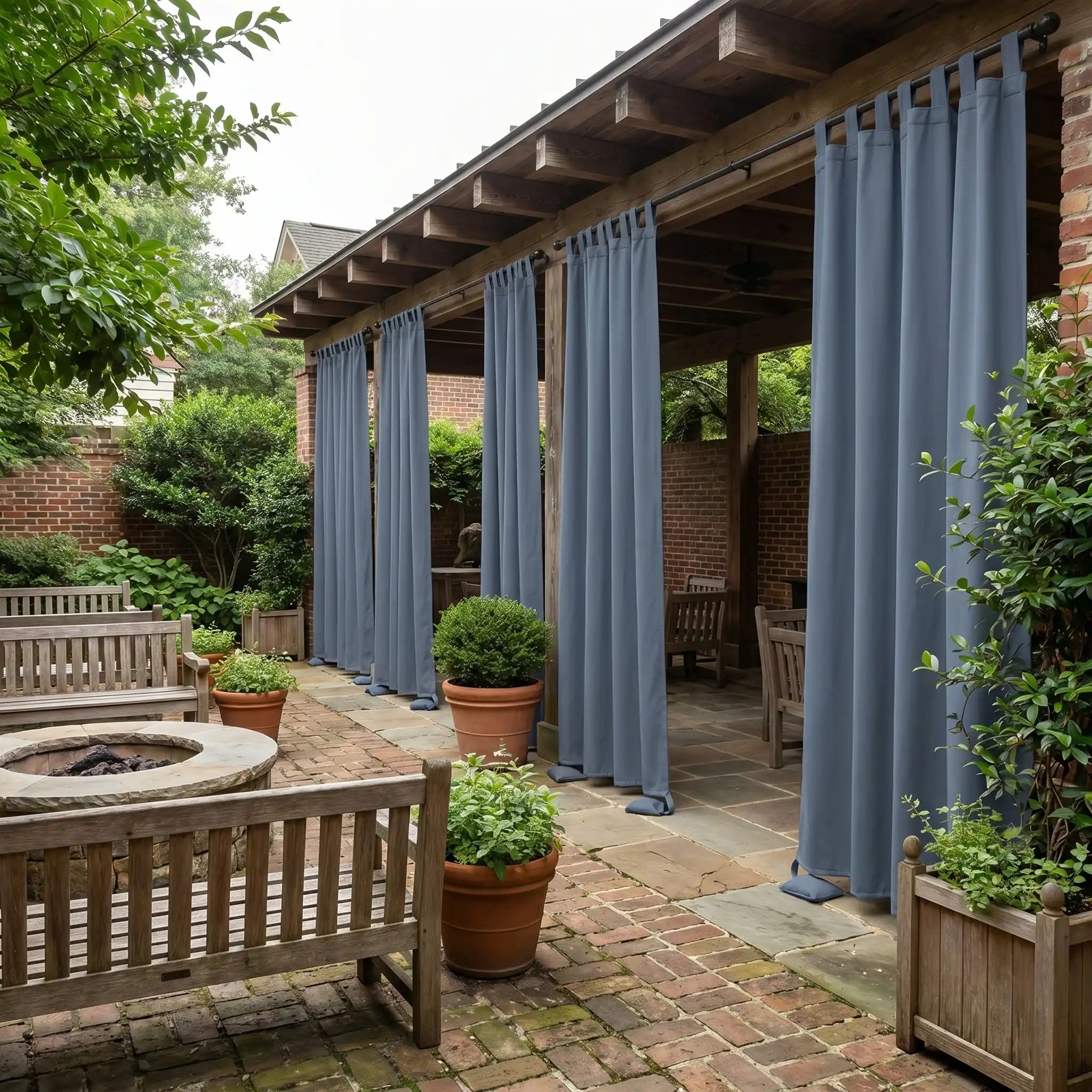 DWCN official outdoor curtain with tab top and weighted bottom, windproof and waterproof fabric for outdoor weather protection.