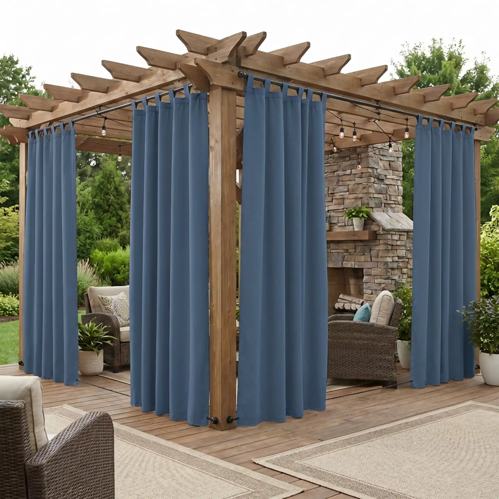 DWCN official outdoor curtain with tab top and ropes, windproof and waterproof fabric for outdoor patio or balcony use.