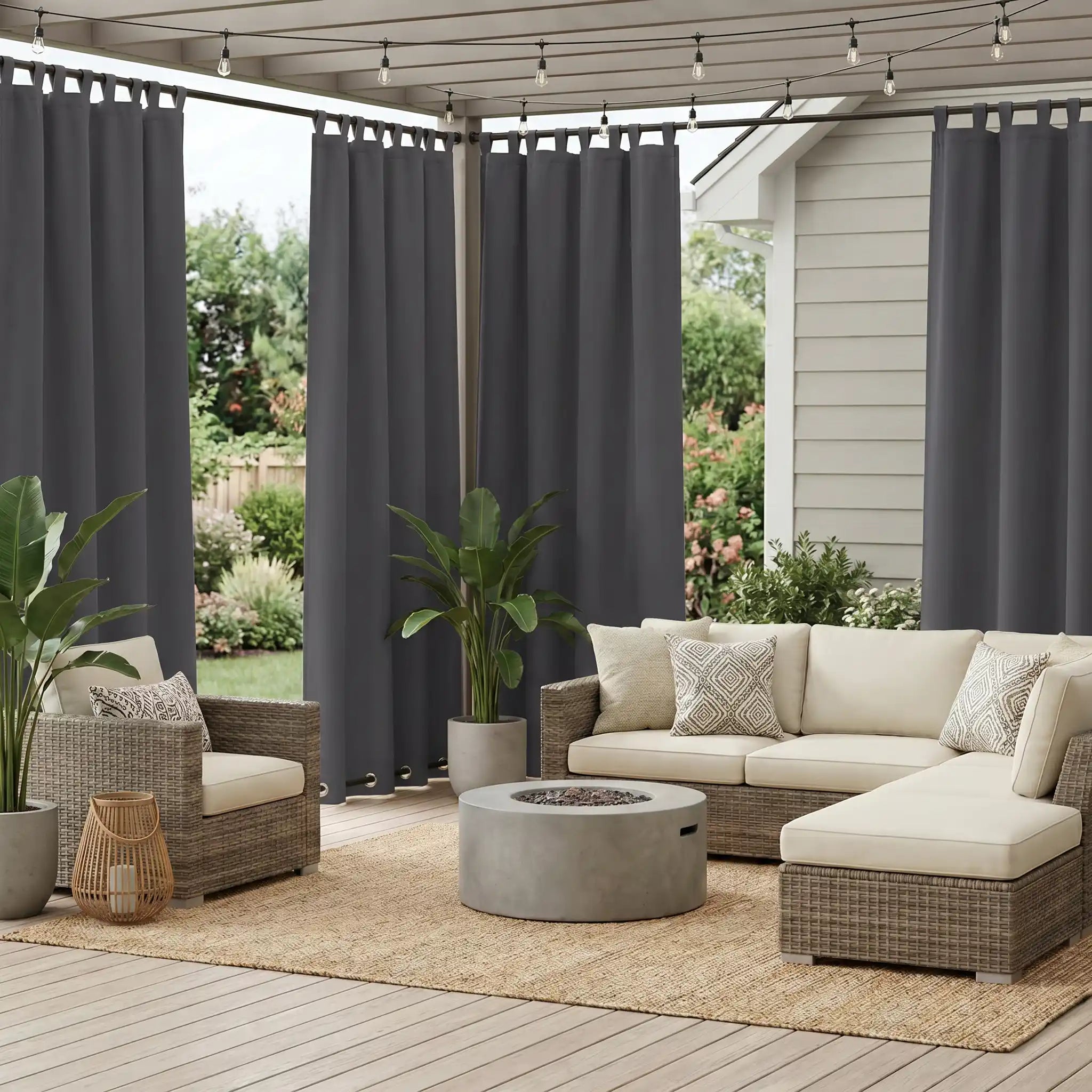 DWCN Official waterproof outdoor curtain with tab top design, ideal for weather-resistant outdoor patio or balcony privacy.