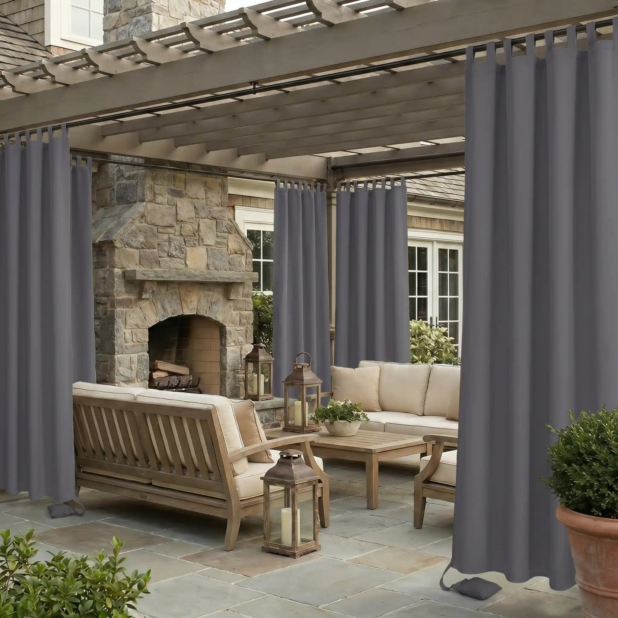 DWCN outdoor curtain with tab top and weighted bottom, windproof and waterproof fabric, ideal for outdoor privacy and weather protection