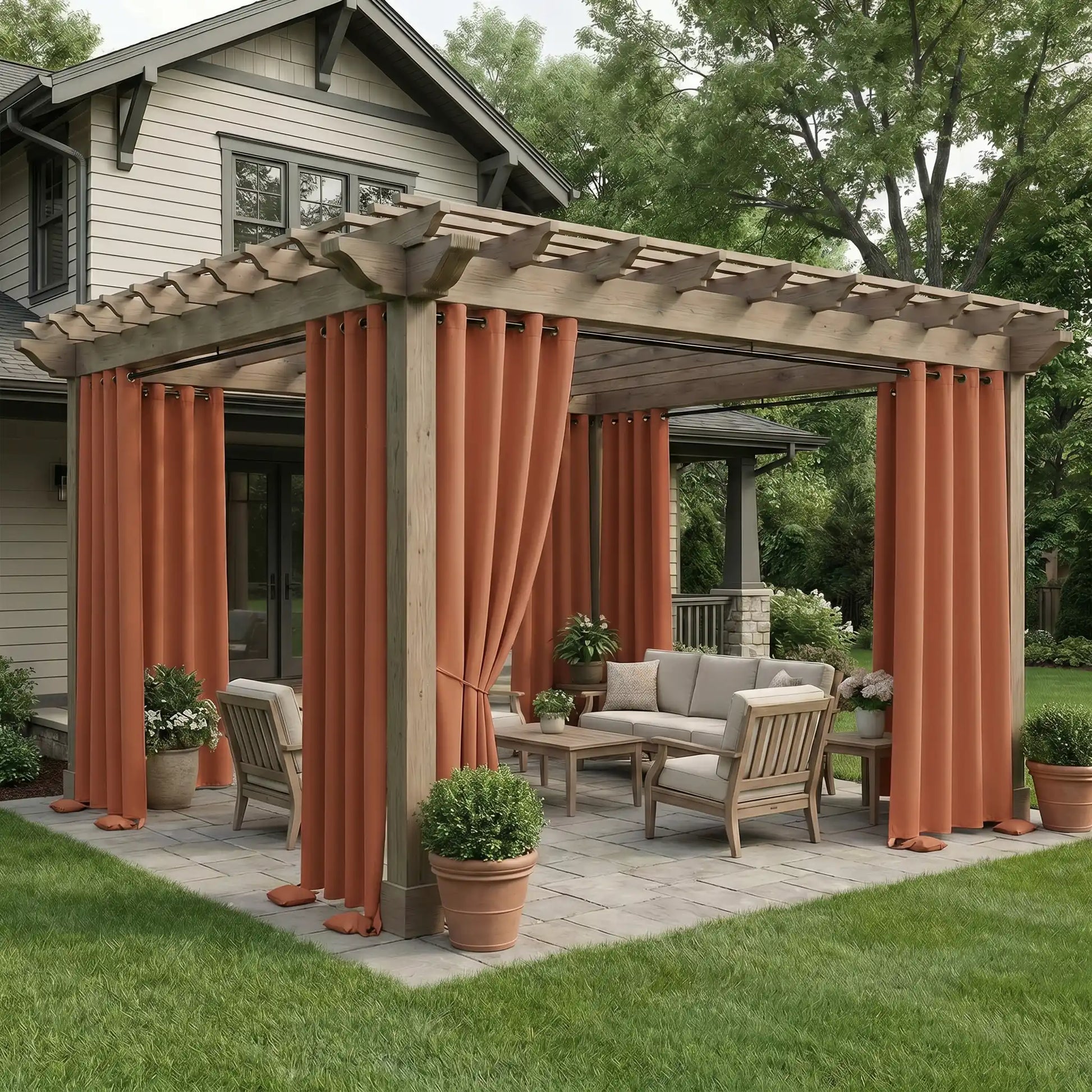 Outdoor curtain with grommet top and weighted bags bottom, windproof and waterproof, by DWCN Official for outdoor weather protection.
