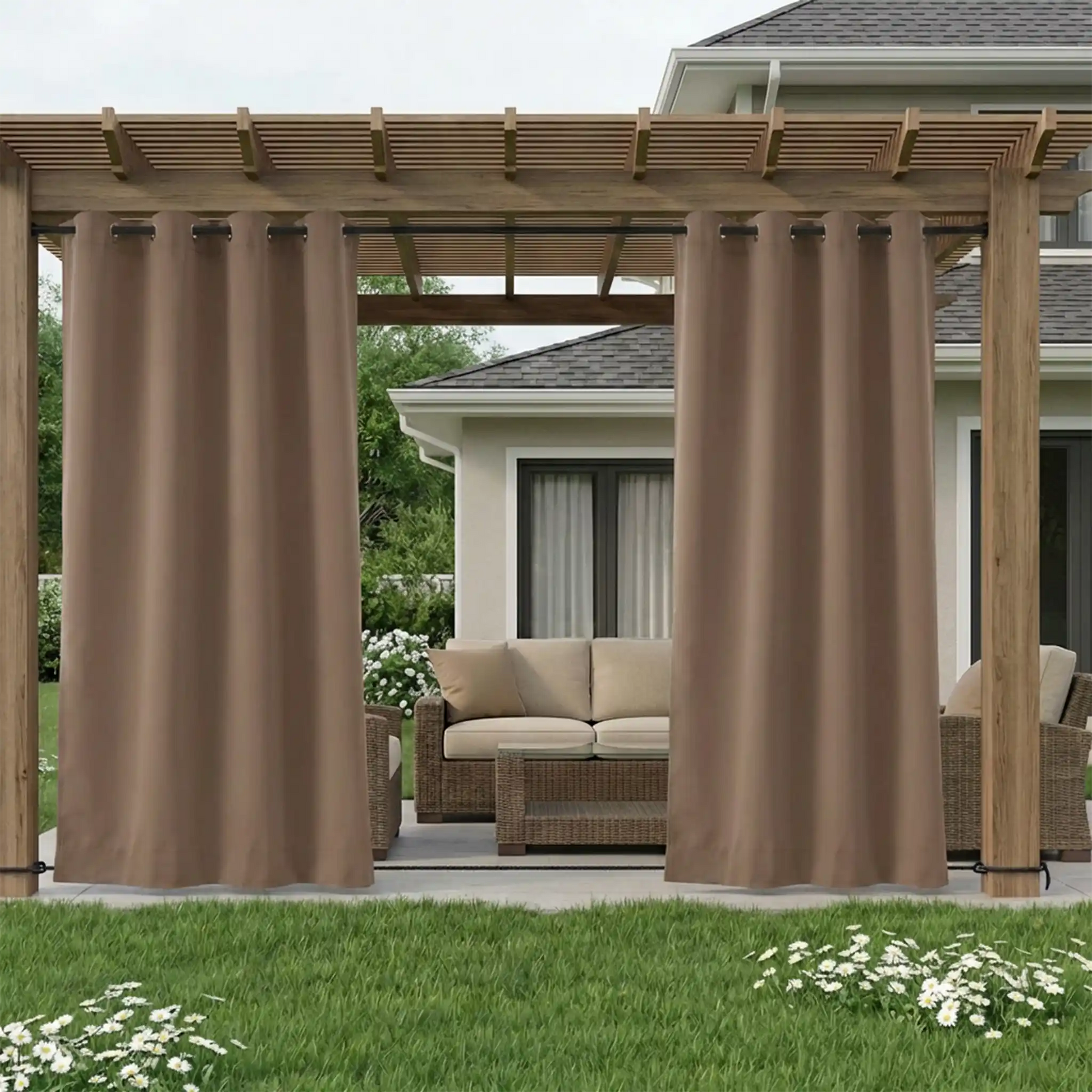 DWCN outdoor curtain with tab top and rope ties, windproof and waterproof fabric for outdoor weather protection
