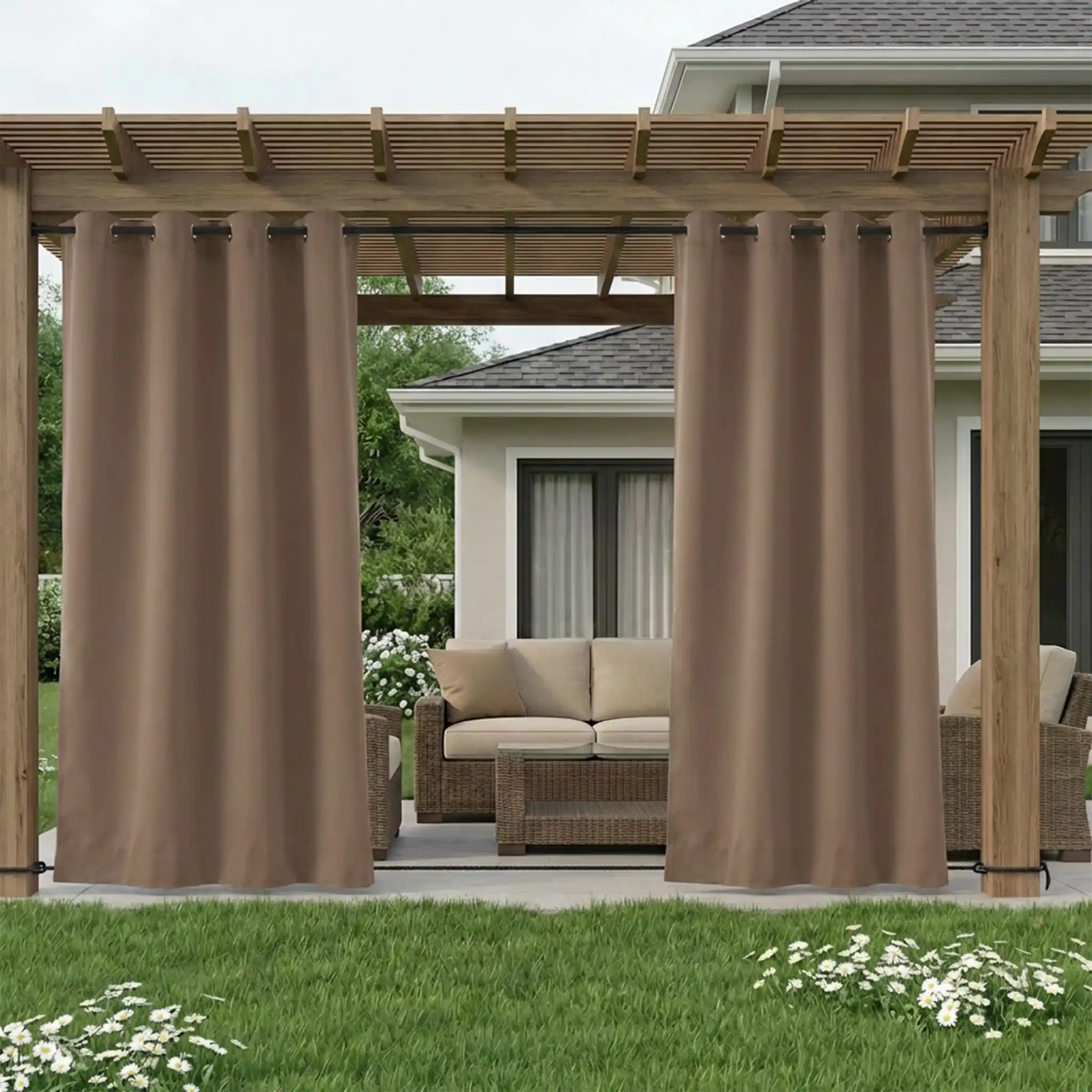 DWCN outdoor curtain with tab top and rope ties, windproof and waterproof fabric for outdoor weather protection