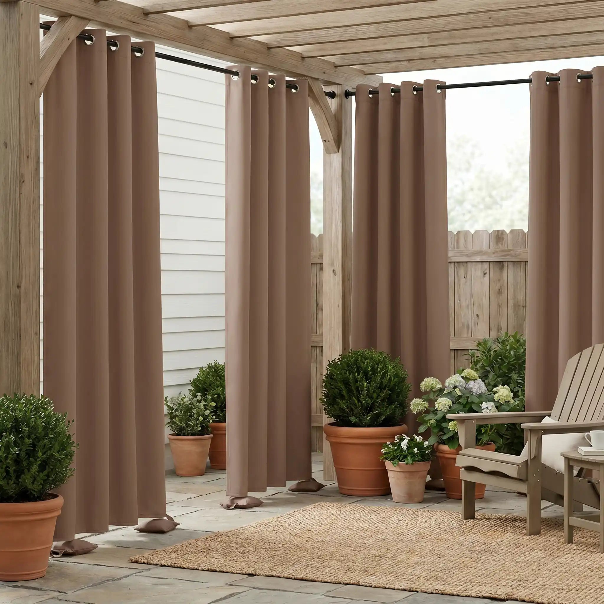 Outdoor waterproof curtain with grommet top and weighted bottom, windproof design by DWCN Official, suitable for outdoor use.