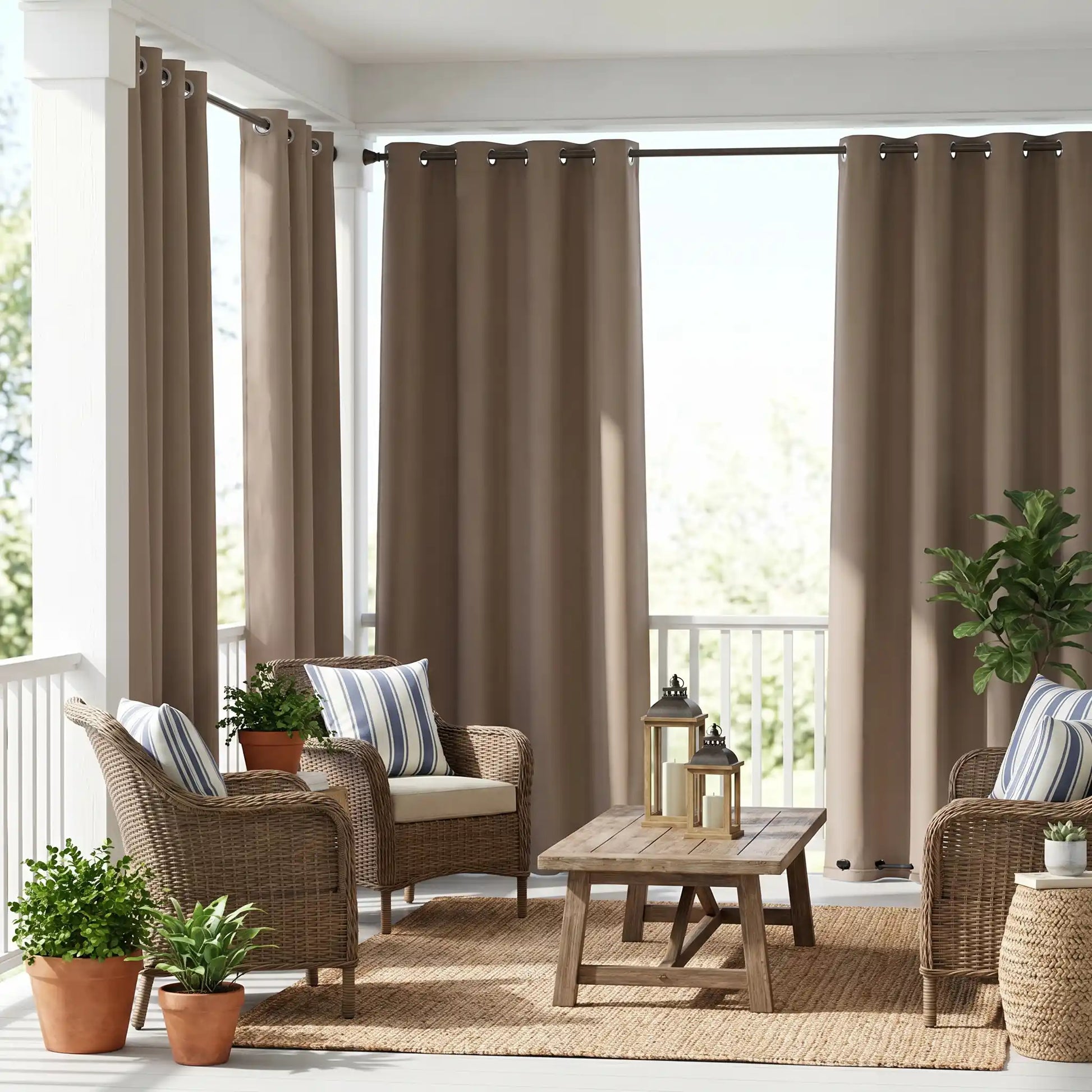 Outdoor curtains with grommet top and bottom, waterproof and windproof, by DWCN Official, shown hanging outdoors.