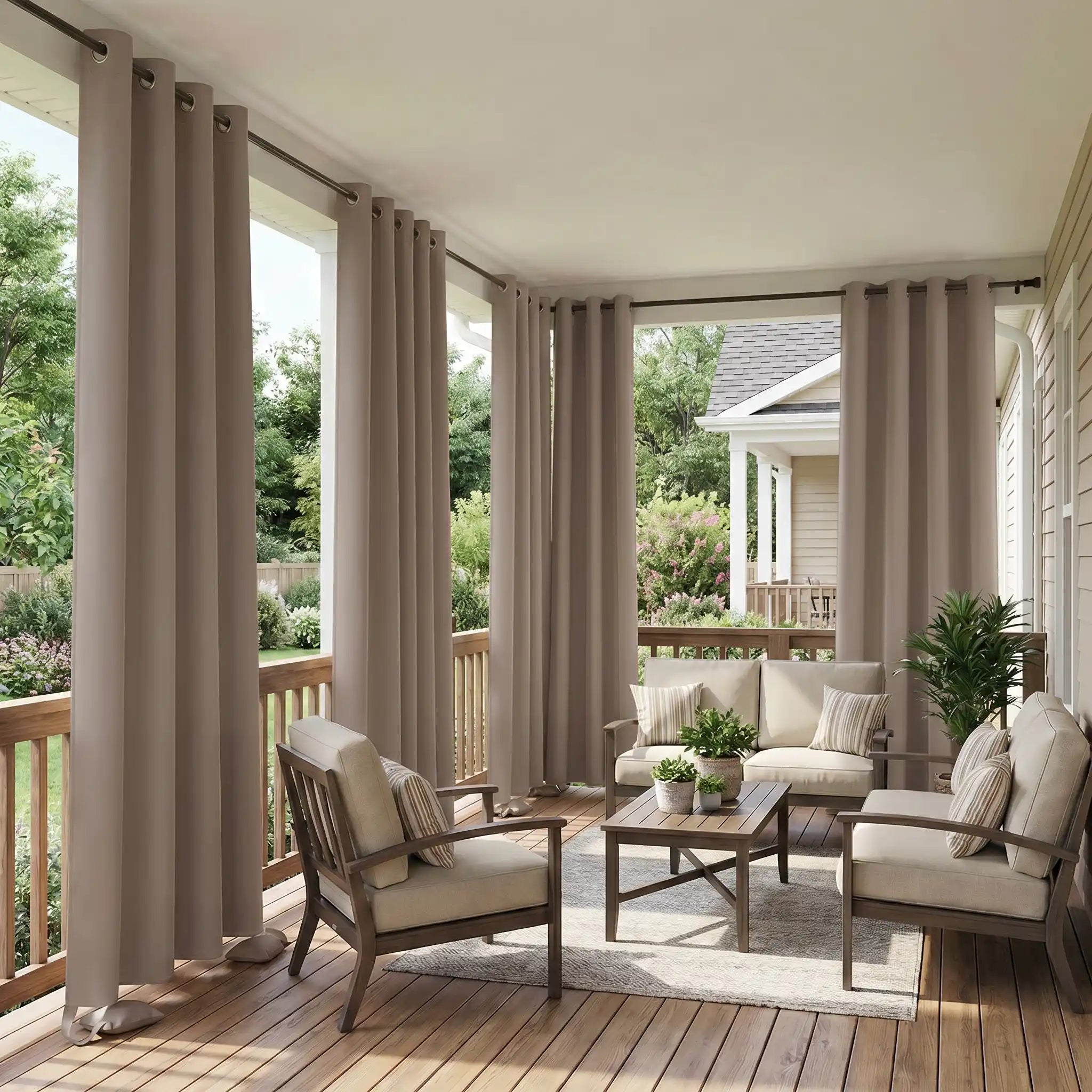 DWCN Official outdoor curtain with grommet top and weighted bottom, windproof and waterproof for outdoor privacy and weather resistance.