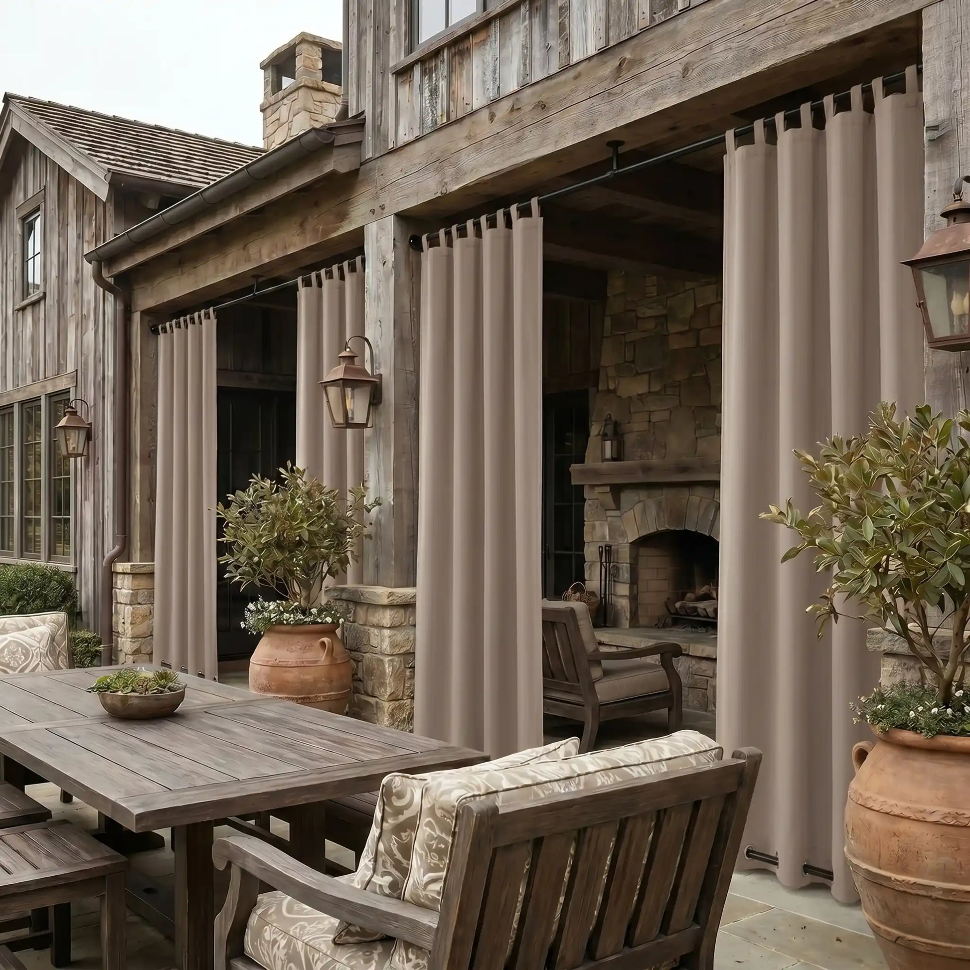 DWCN Outdoor curtains with tab top and grommet bottom, windproof and waterproof for outdoor patio or garden use.