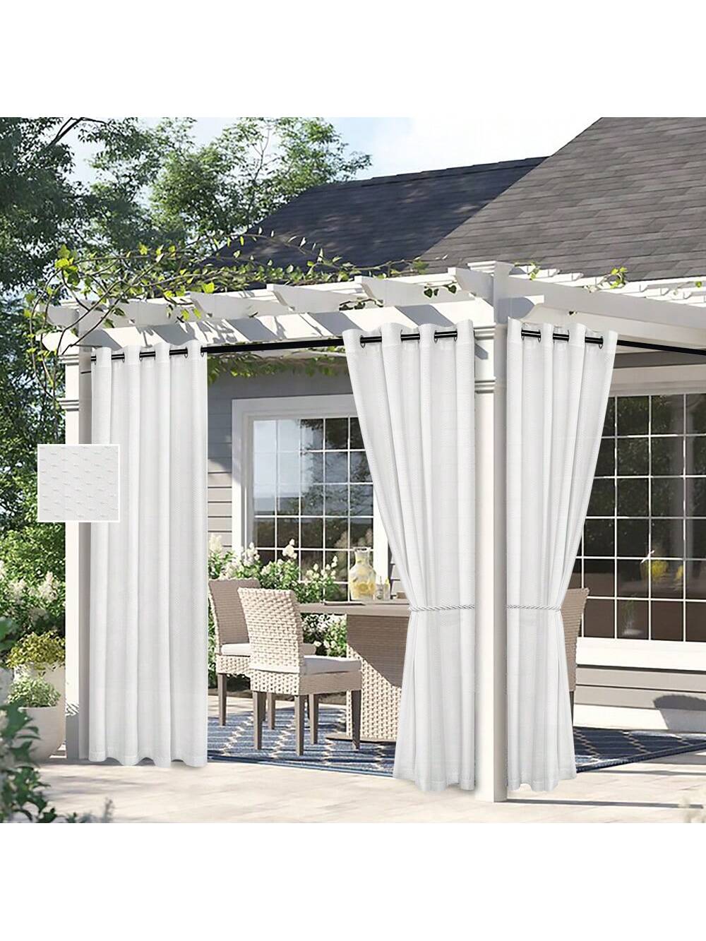 DWCN outdoor curtains hanging outside, weather-resistant fabric, suitable for patio or garden decor