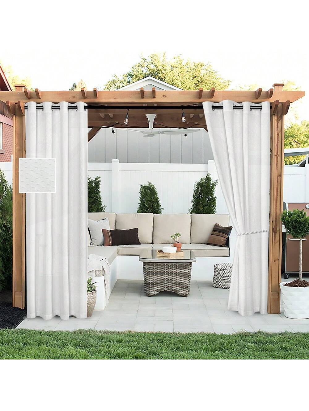 Outdoor curtains by DWCN Official hanging outdoors, made of lightweight fabric, designed for privacy and shade.