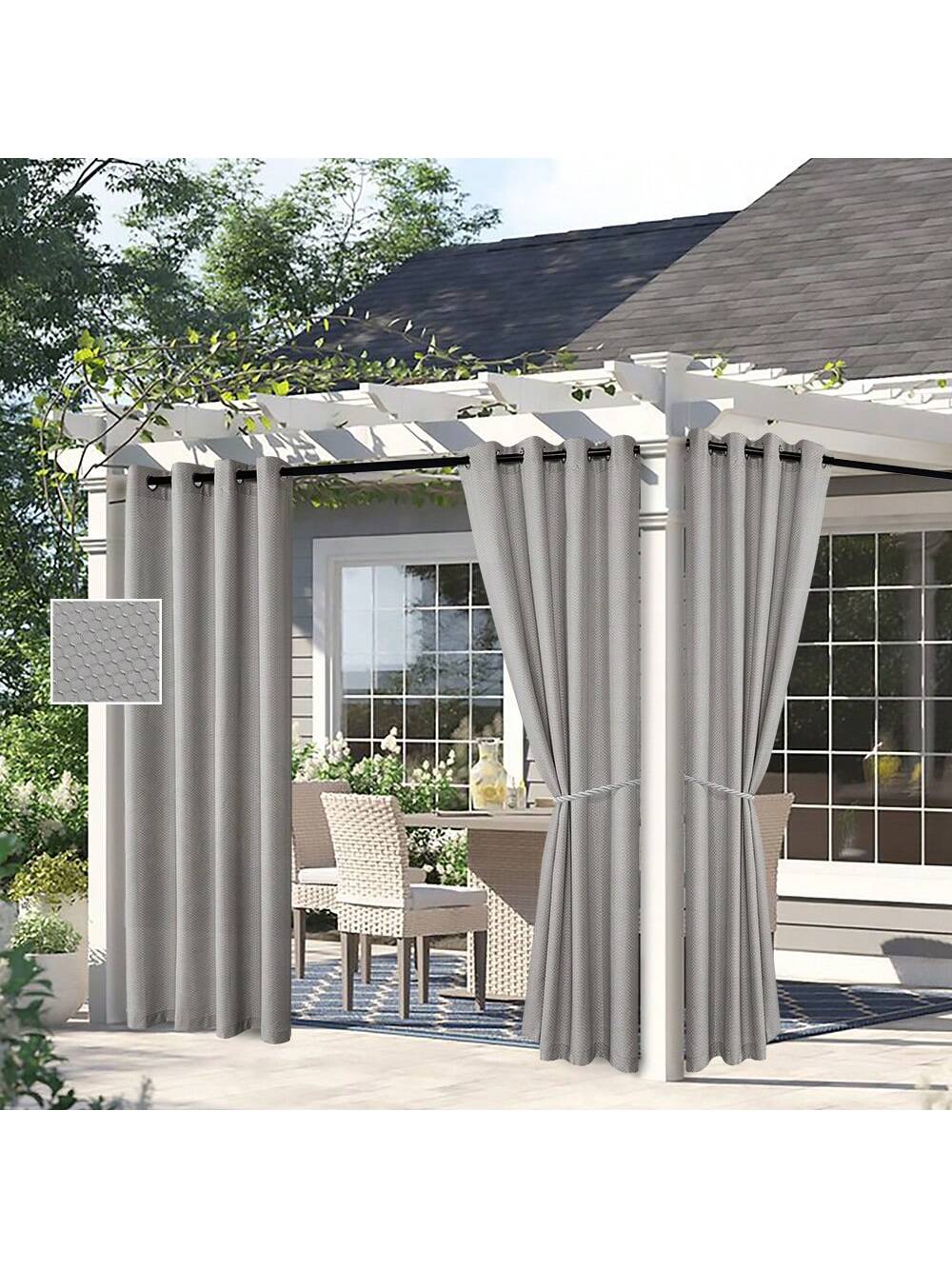 DWCN Outdoor Curtains hanging on a patio, made of weather-resistant fabric for privacy and shade in outdoor spaces