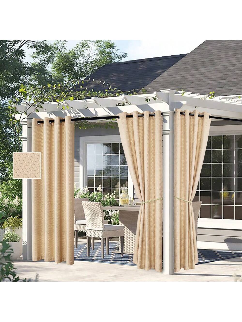 Outdoor curtains from DWCN Official, shown hanging outdoors, made of lightweight fabric for privacy and shade.
