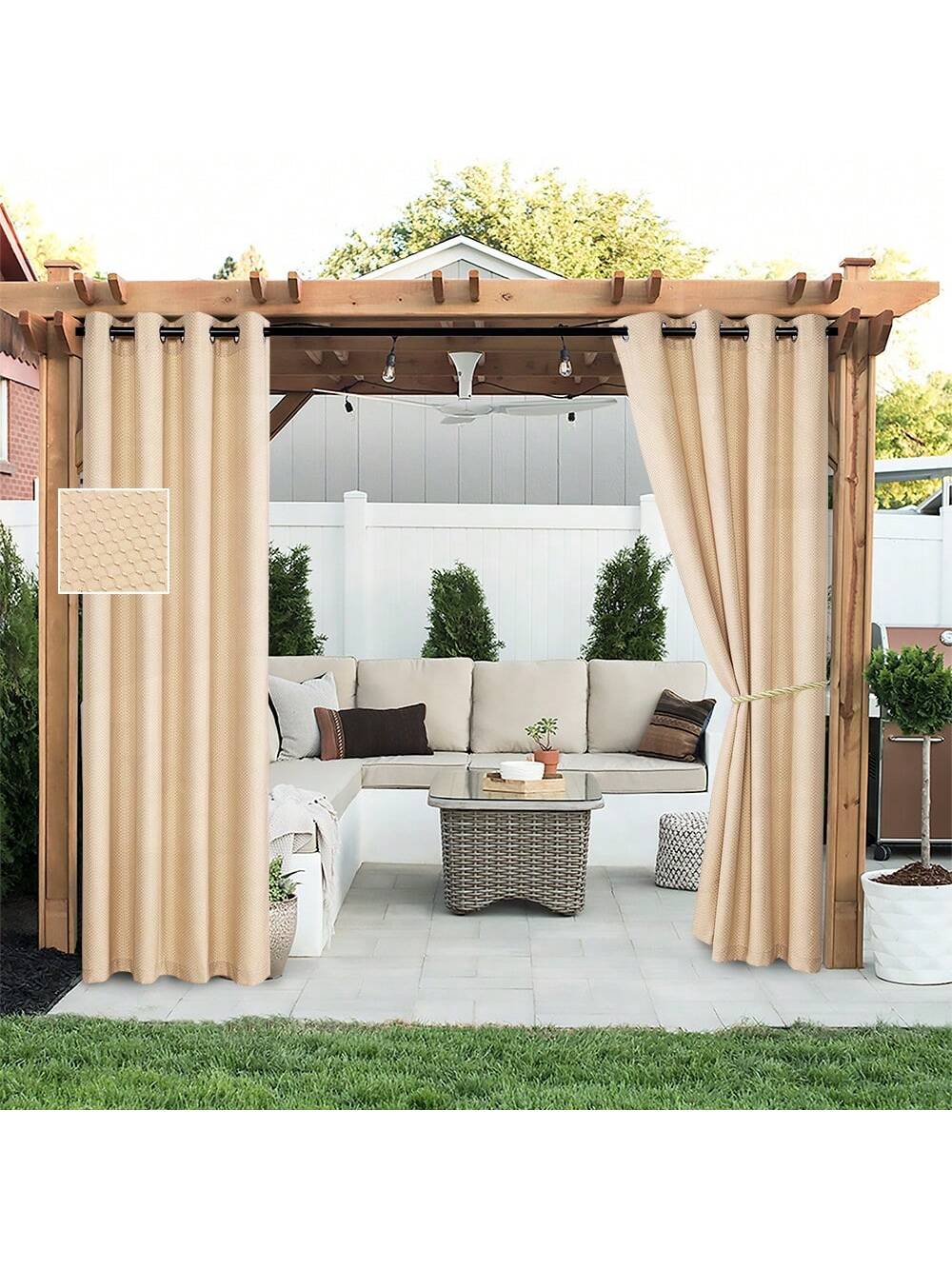 Outdoor curtains from DWCN Official featuring lightweight fabric and neutral color, ideal for outdoor patio or porch decor.