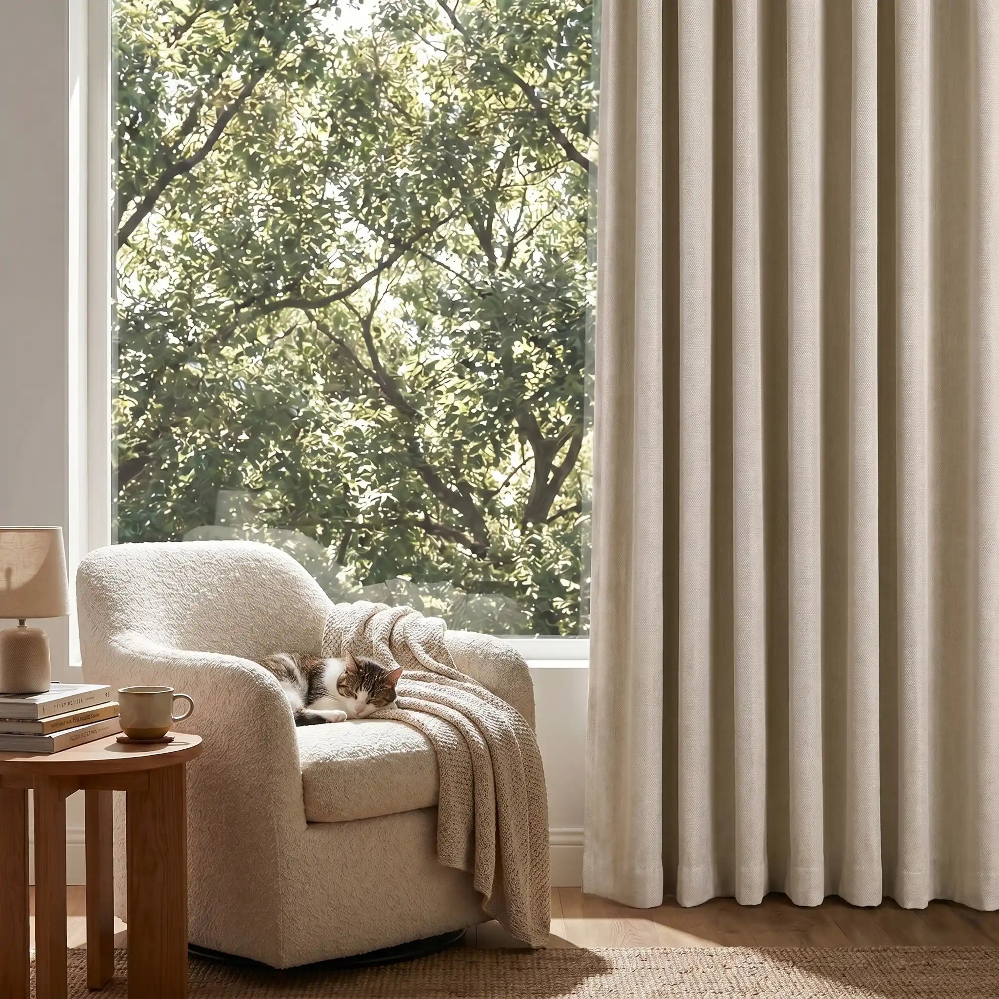 Natural linen blackout curtains with woven texture in black, designed by DWCN Official, shown hanging in a modern living room.