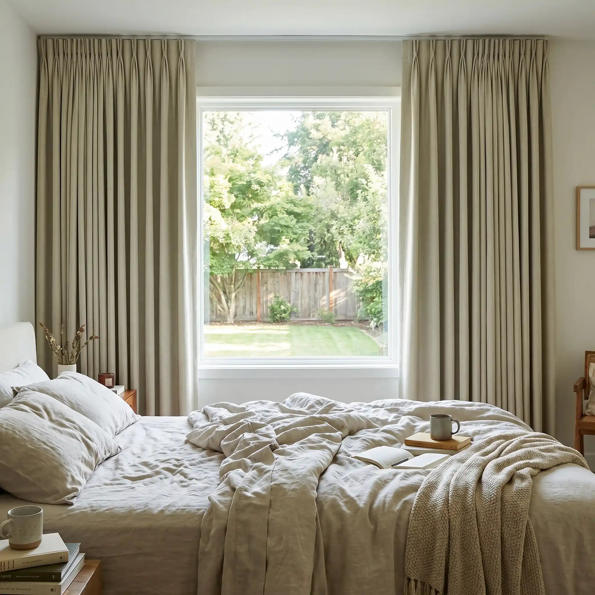 Custom bedroom curtains in soft neutral fabric, framing a large window with full length pleats, privacy coverage, and relaxed natural light.