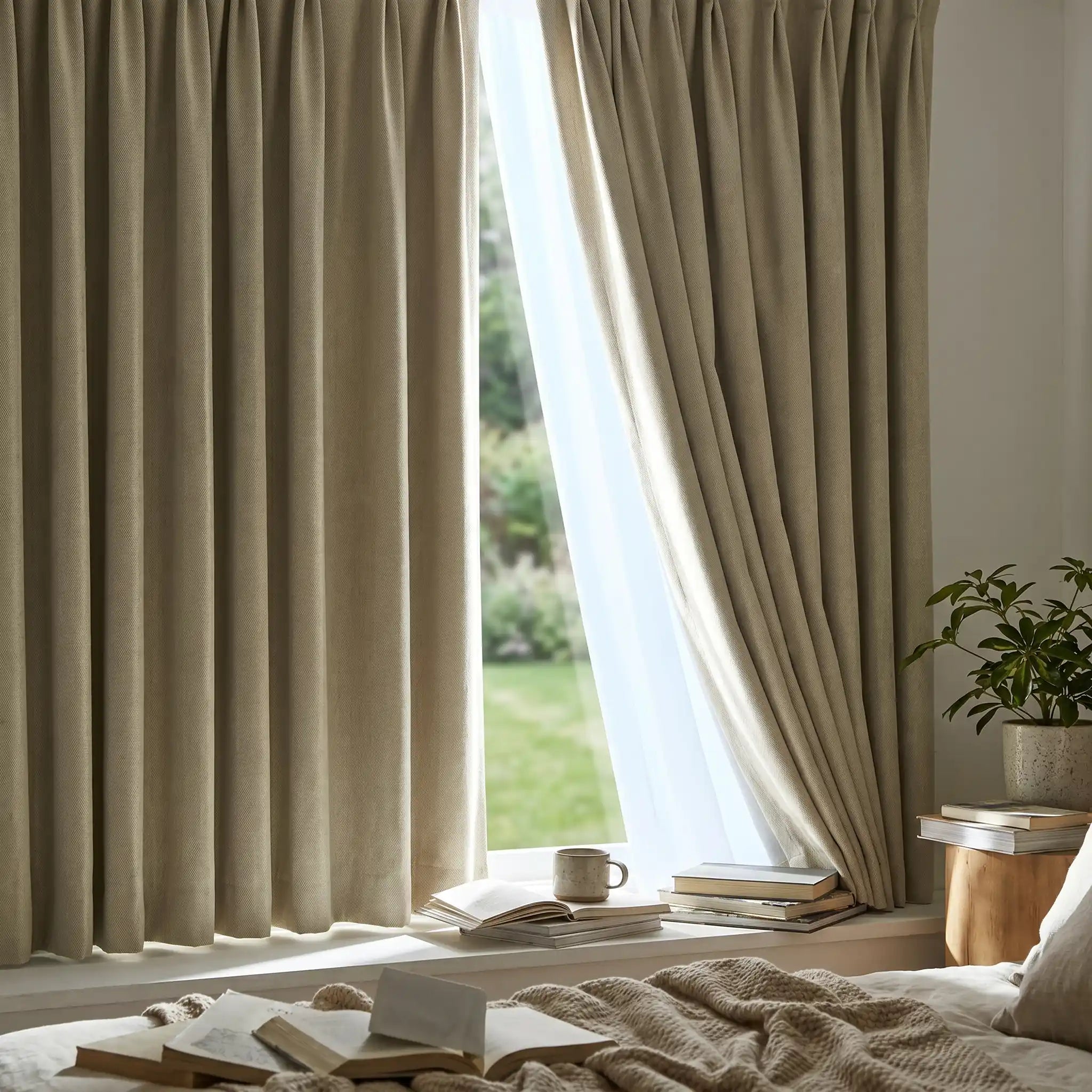 Natural linen blackout woven texture curtains by DWCN Official, showcasing their durable fabric and elegant black design.