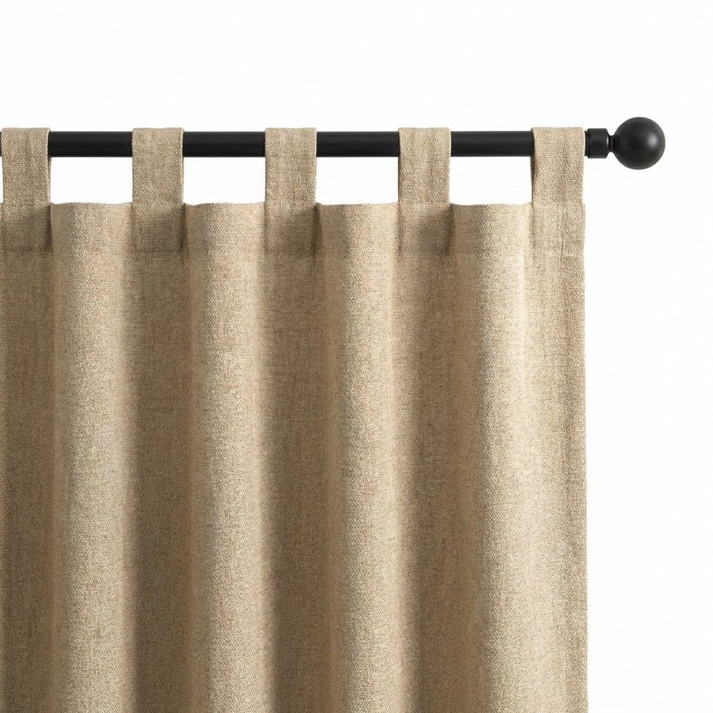 Rod pocket curtains in beige linen blend fabric, gathered on a black curtain rod for a classic custom window curtain heading style.