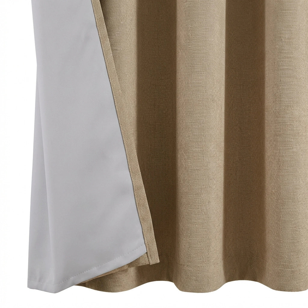 Custom blackout curtains with white lining and beige textured fabric, designed for home privacy, soft light control, and elegant neutral decor.